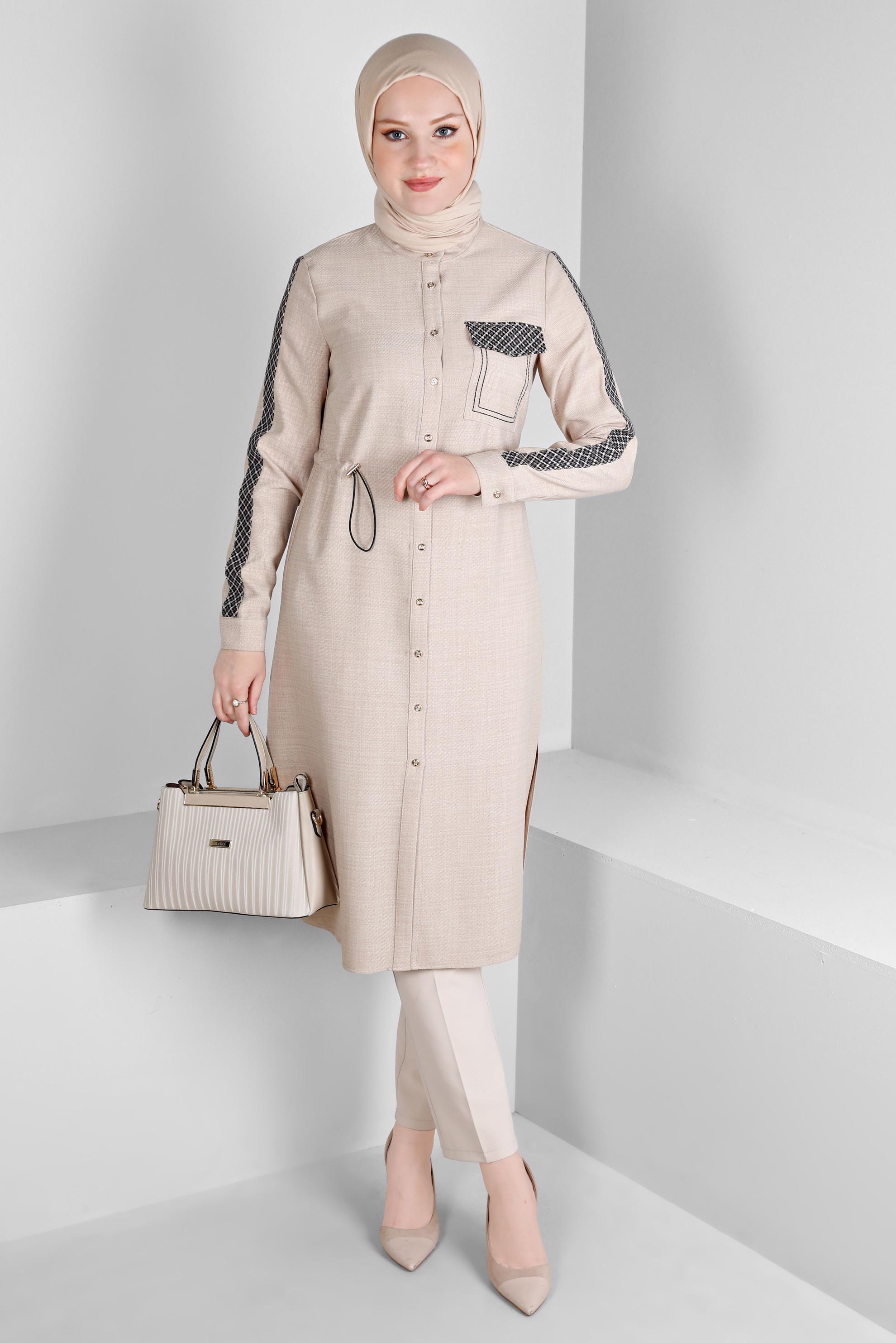 Vêtements hijab BEIGE TUNIQUE DÉTAIL MOTIF À CARREAUX AVEC TAILLE FUMÉE 43273