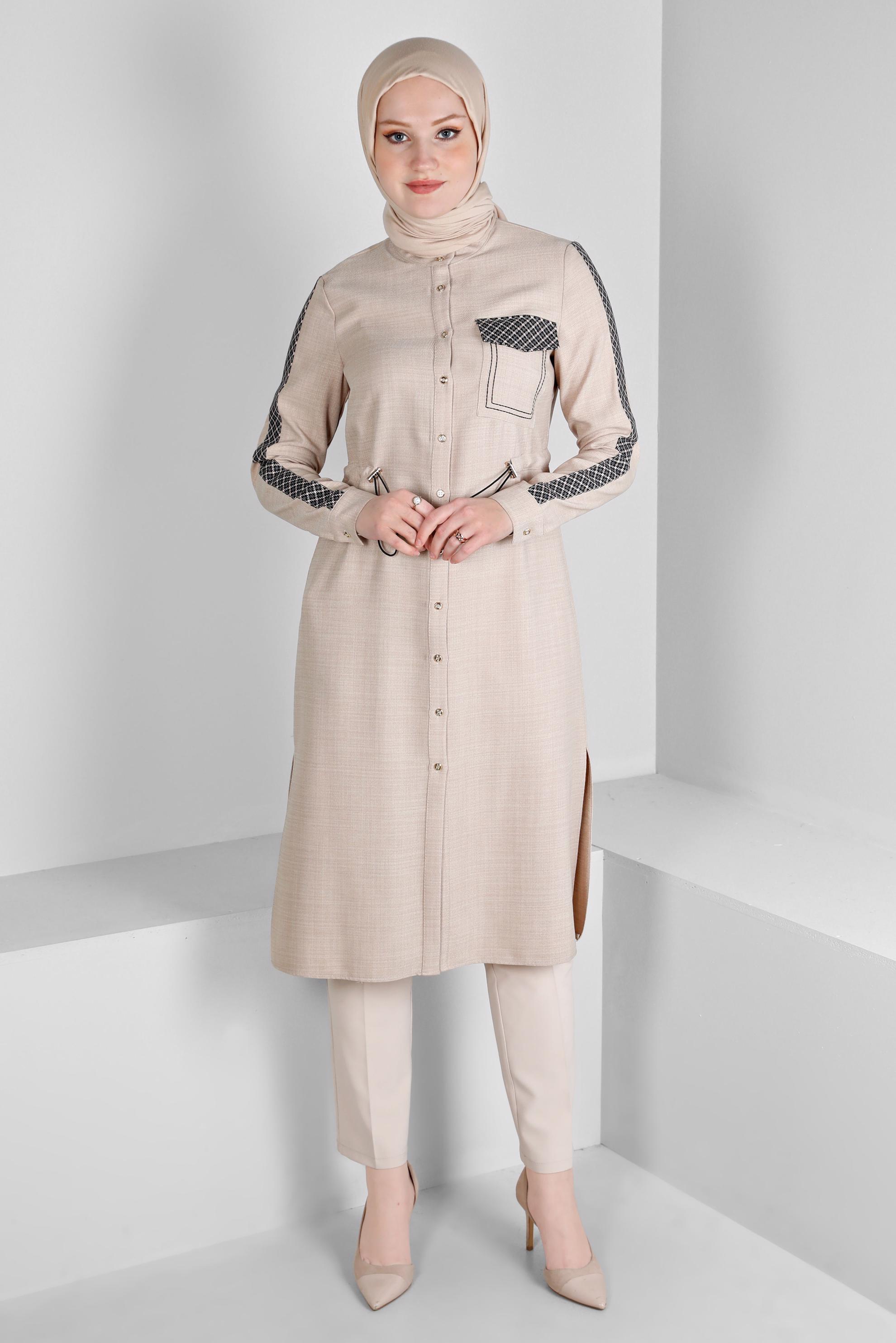 Vêtements hijab BEIGE TUNIQUE DÉTAIL MOTIF À CARREAUX AVEC TAILLE FUMÉE 43273