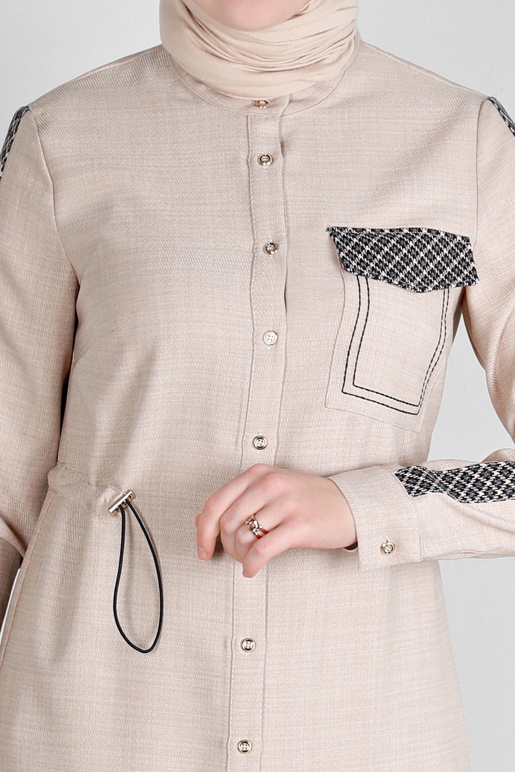 Vêtements hijab BEIGE TUNIQUE DÉTAIL MOTIF À CARREAUX AVEC TAILLE FUMÉE 43273