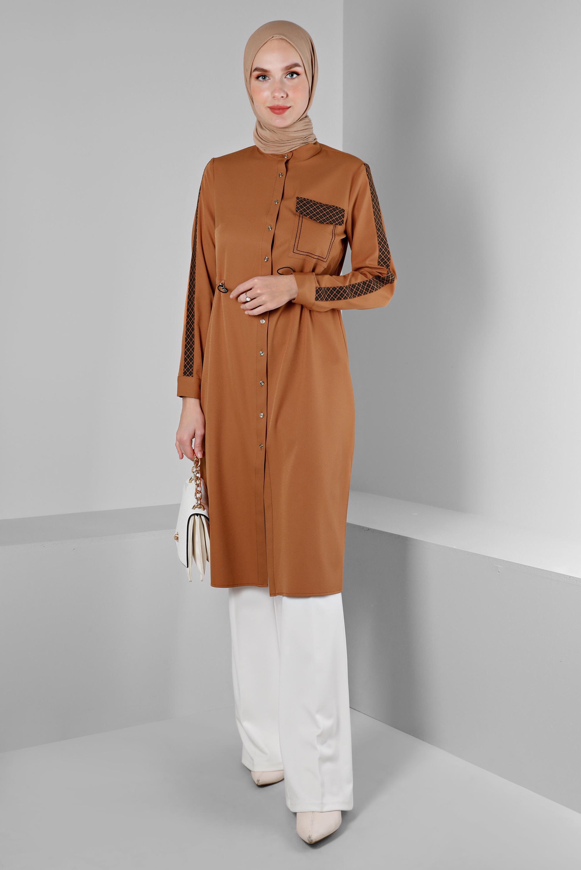 Tesettür giyim SARI BELİ BÜZGÜLÜ EKOSE DETAYLI TUNİK 43273