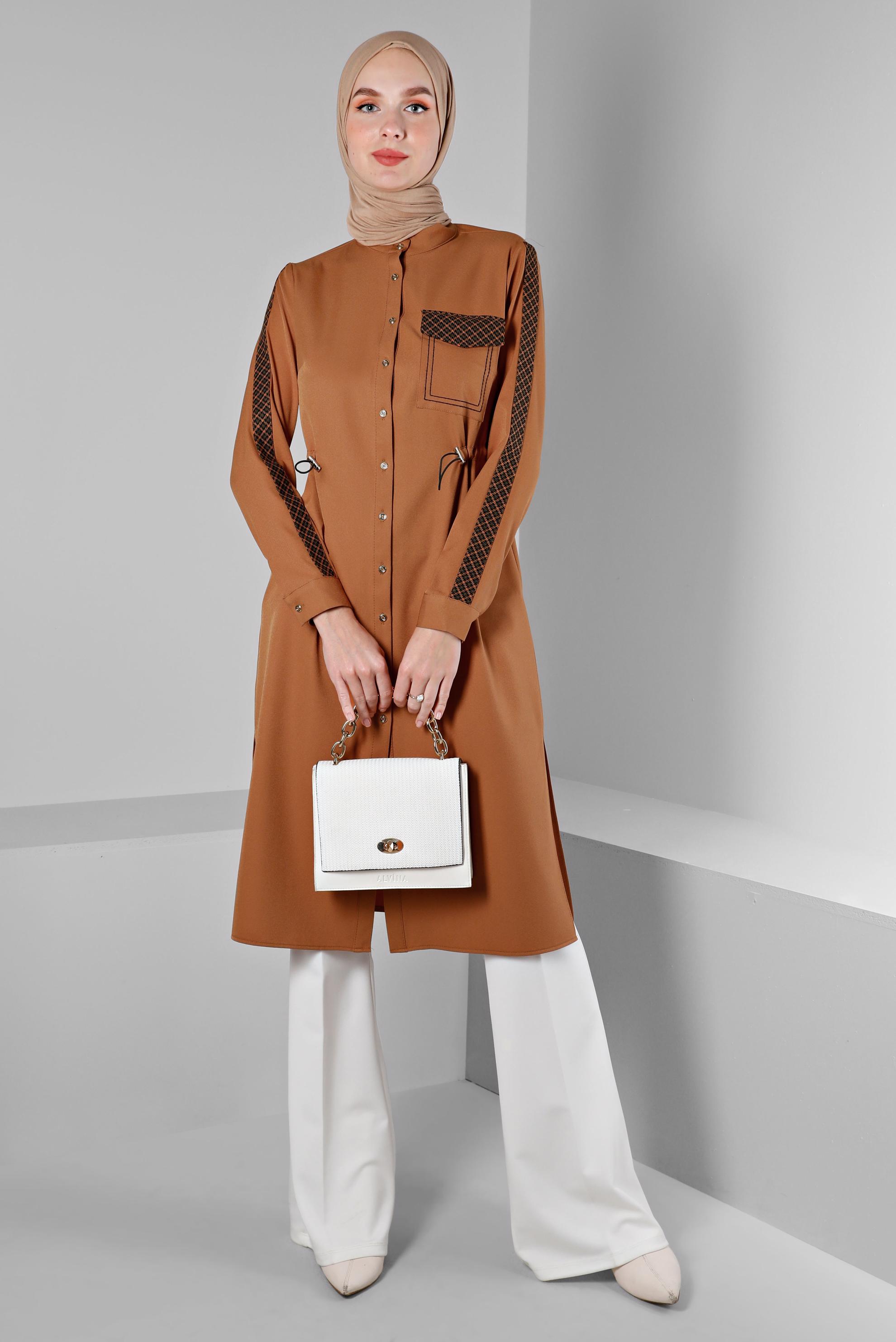 Tesettür giyim SARI BELİ BÜZGÜLÜ EKOSE DETAYLI TUNİK 43273