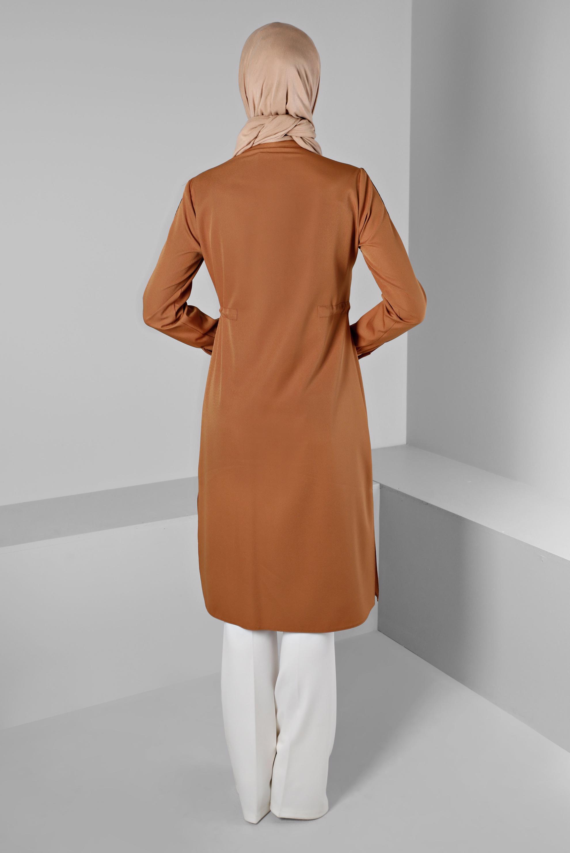 Tesettür giyim SARI BELİ BÜZGÜLÜ EKOSE DETAYLI TUNİK 43273