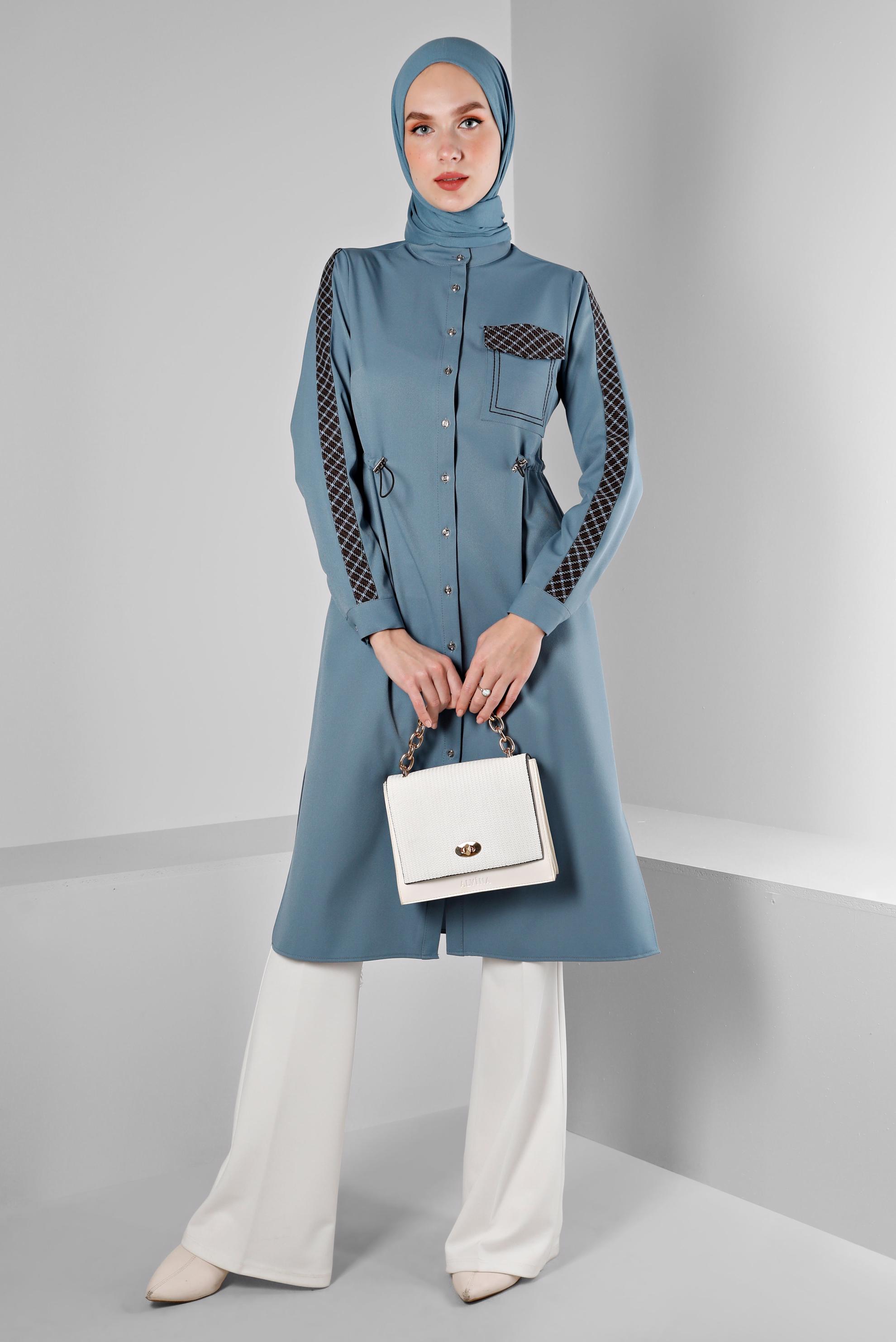 Tesettür giyim MAVİ BELİ BÜZGÜLÜ EKOSE DETAYLI TUNİK 43273