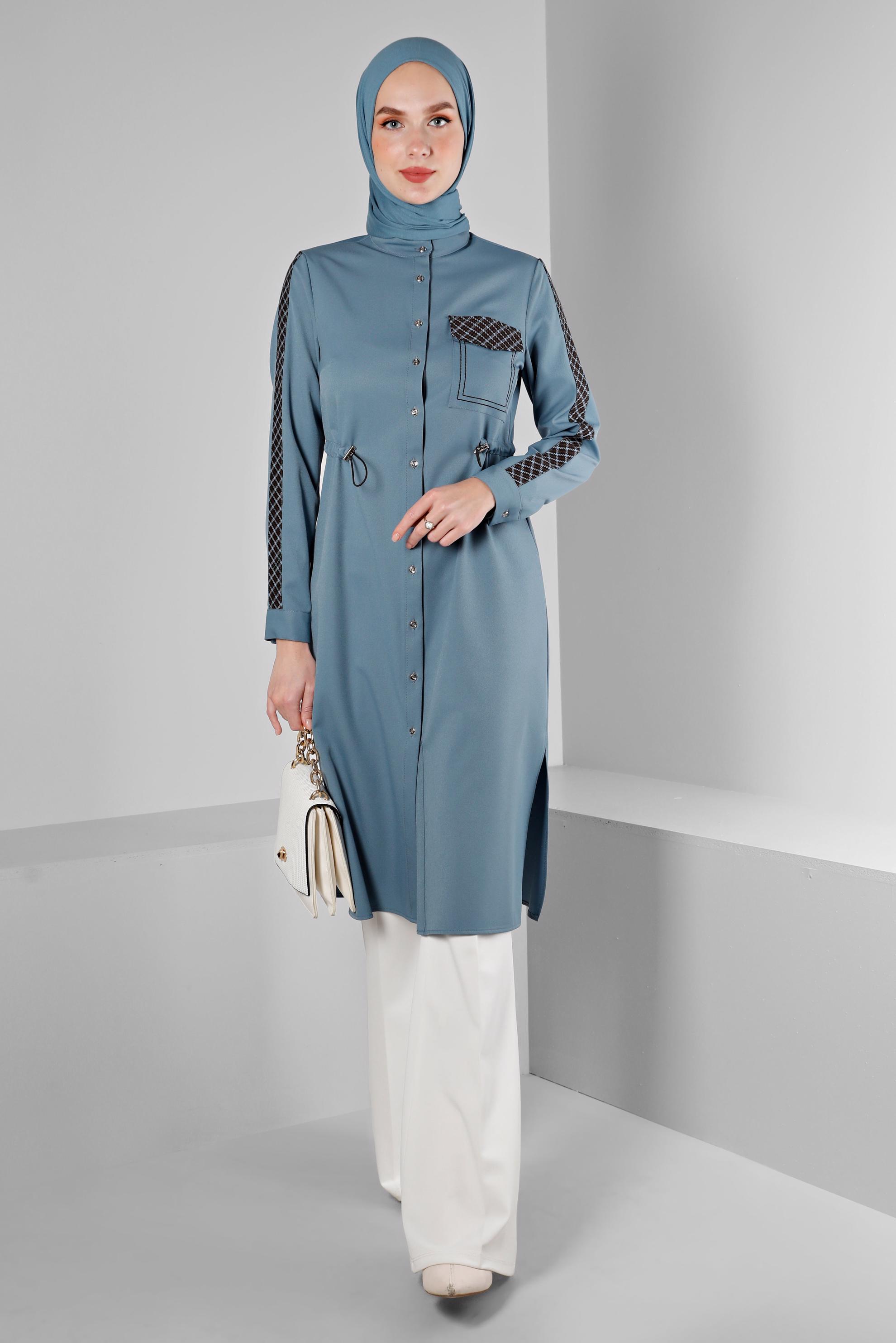 Tesettür giyim MAVİ BELİ BÜZGÜLÜ EKOSE DETAYLI TUNİK 43273