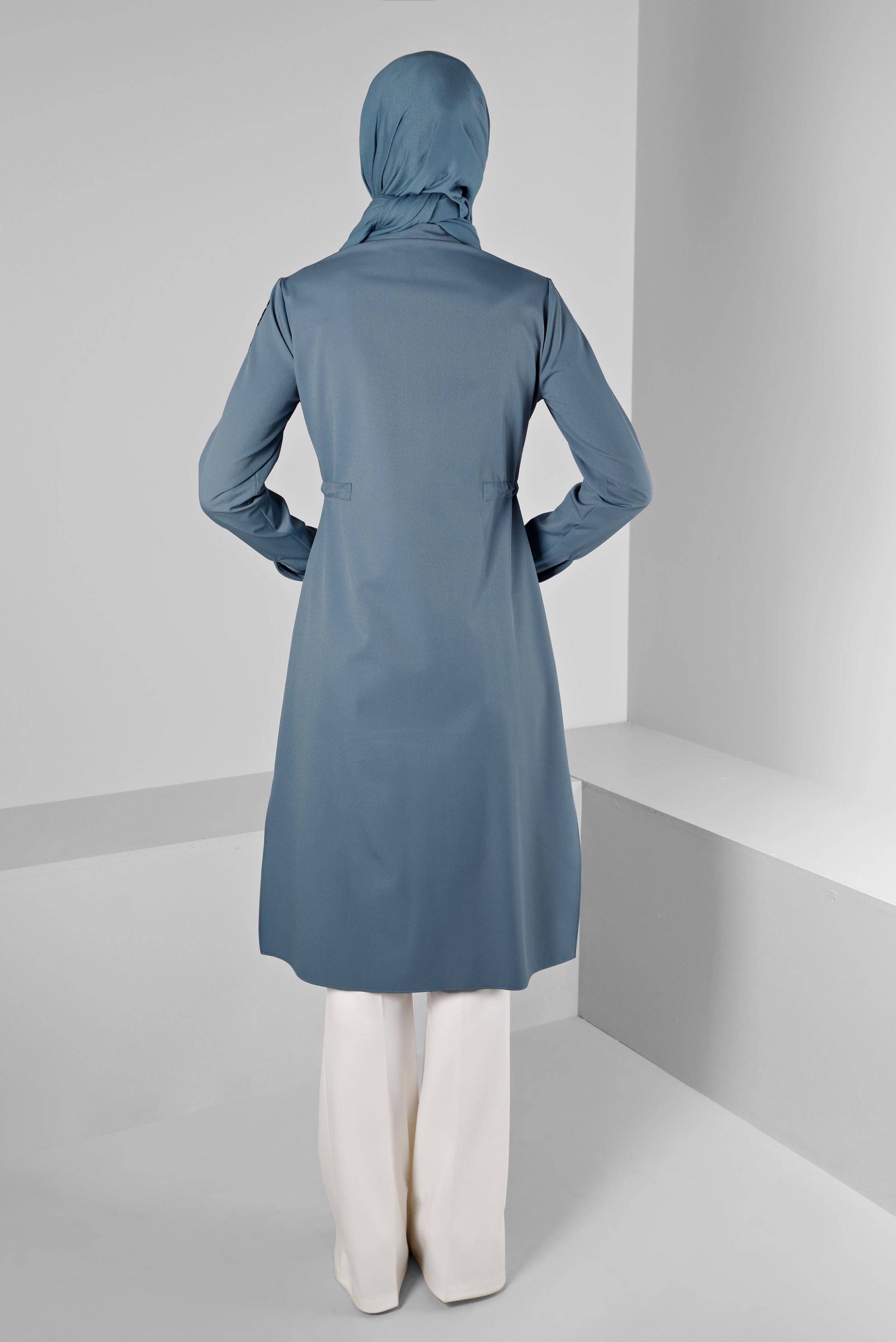 Tesettür giyim MAVİ BELİ BÜZGÜLÜ EKOSE DETAYLI TUNİK 43273