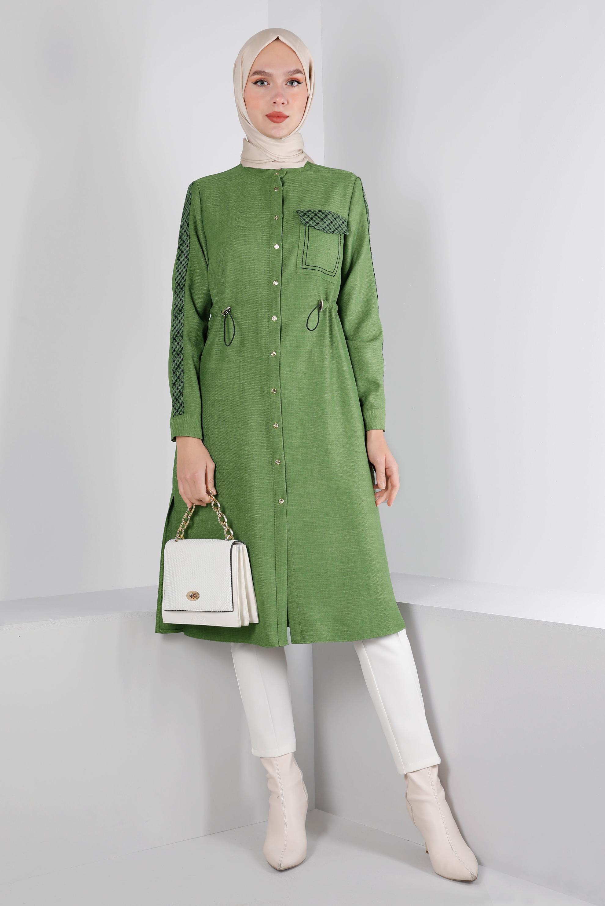 Tesettür giyim YEŞİL BELİ BÜZGÜLÜ EKOSE DETAYLI TUNİK 43273