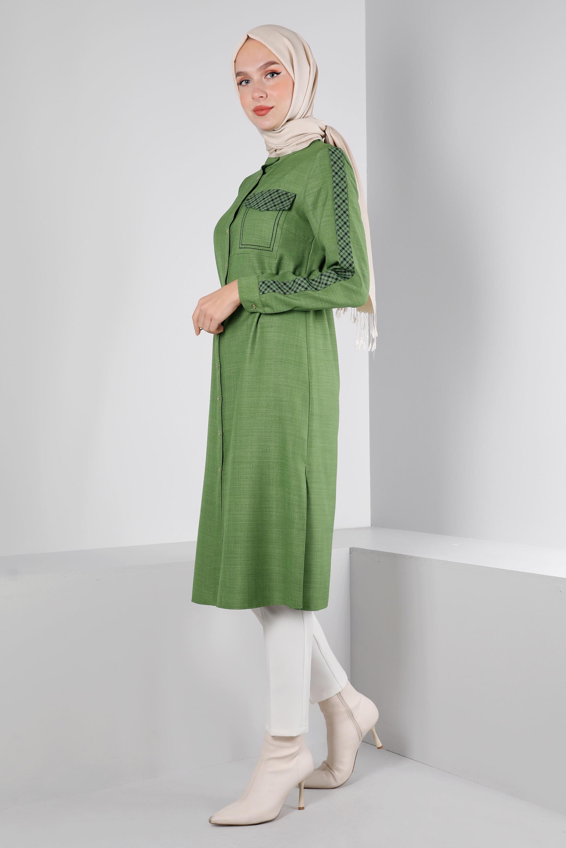 Tesettür giyim YEŞİL BELİ BÜZGÜLÜ EKOSE DETAYLI TUNİK 43273