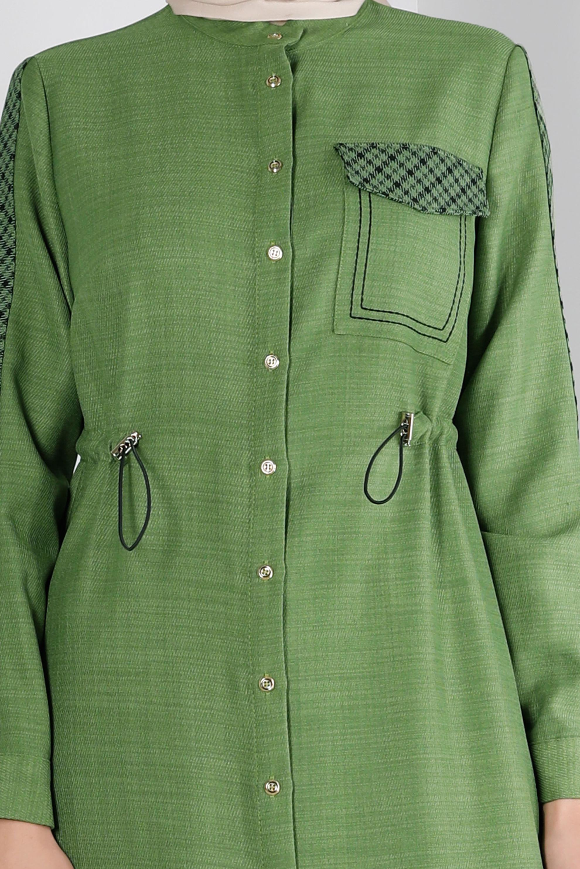 Tesettür giyim YEŞİL BELİ BÜZGÜLÜ EKOSE DETAYLI TUNİK 43273