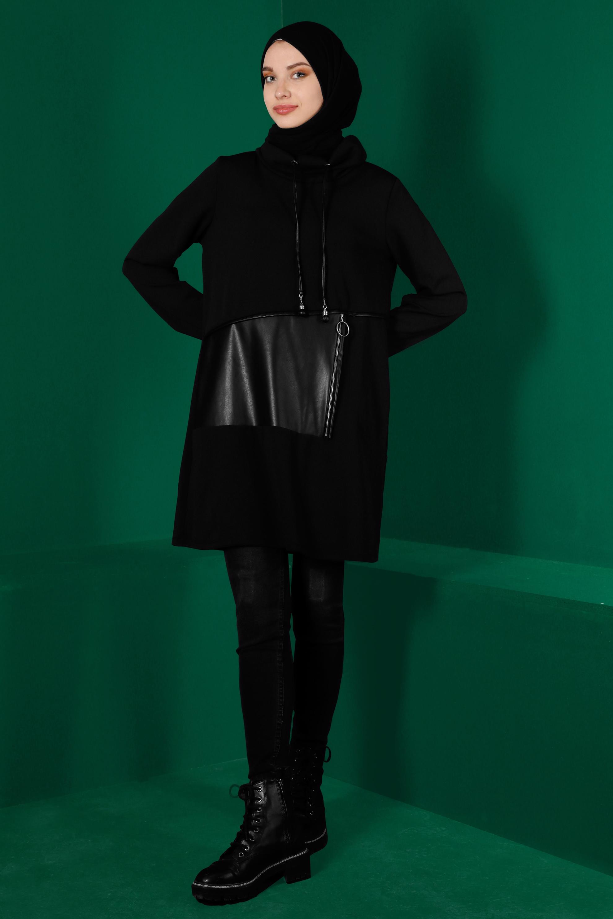 Tesettür giyim SİYAH CEBİ DERİ DETAYLI TUNİK 43274