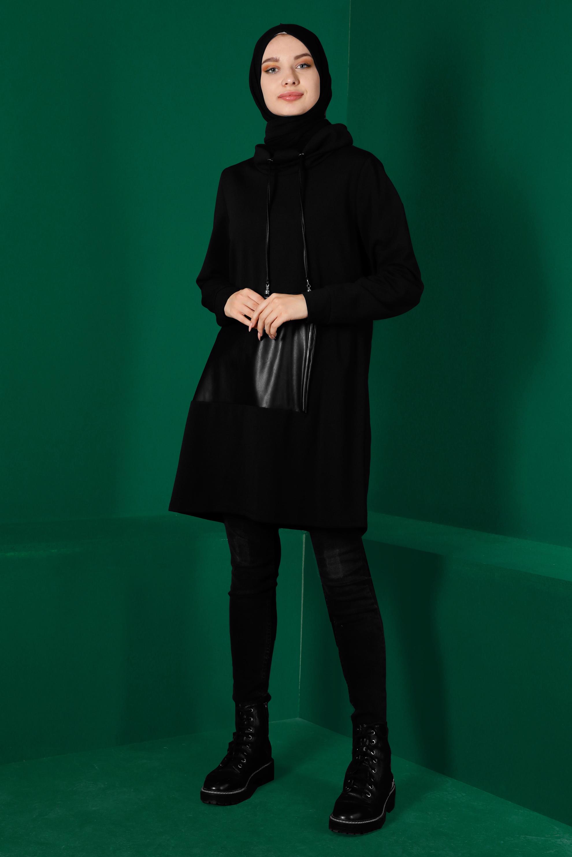 Tesettür giyim SİYAH CEBİ DERİ DETAYLI TUNİK 43274
