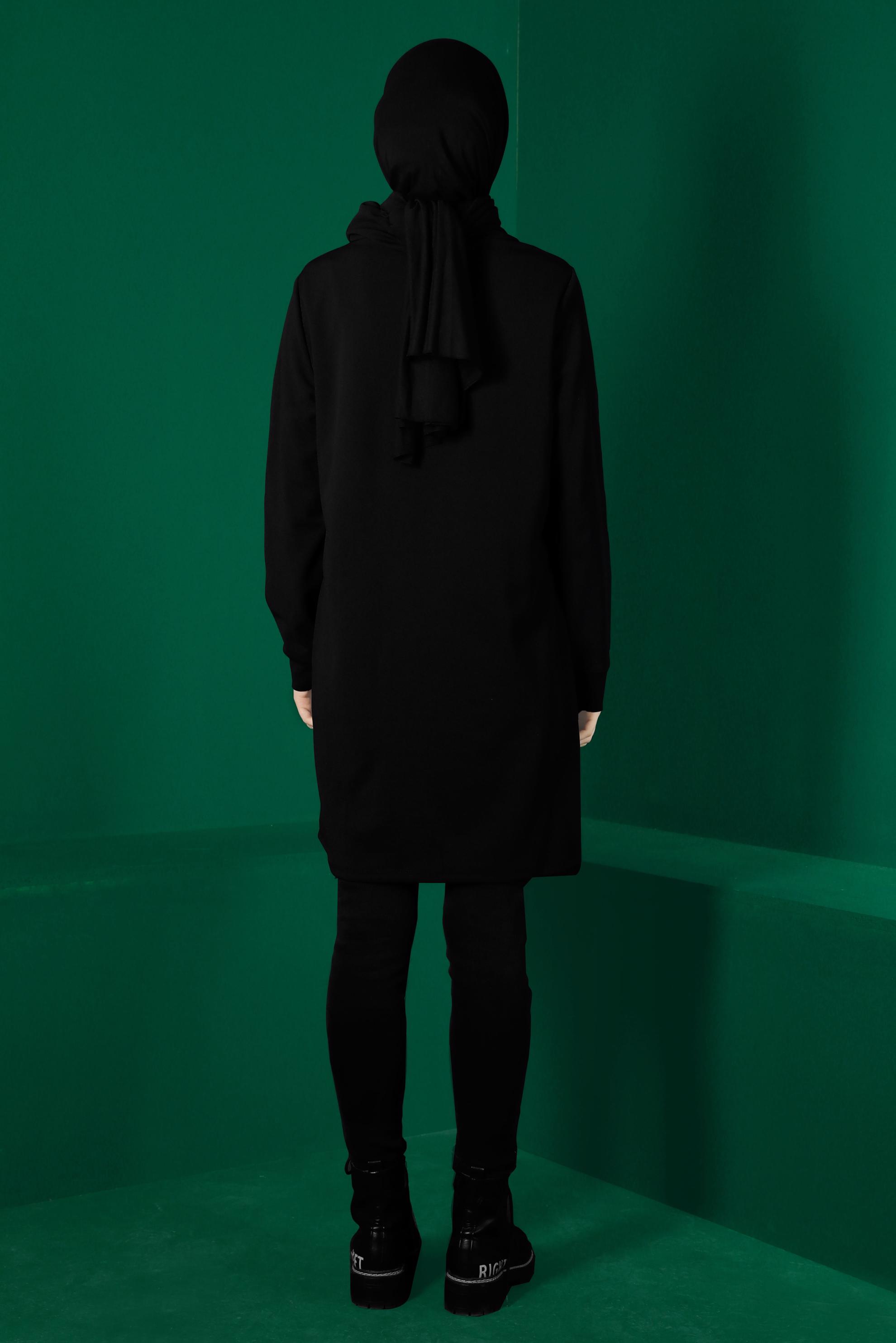 Tesettür giyim SİYAH CEBİ DERİ DETAYLI TUNİK 43274