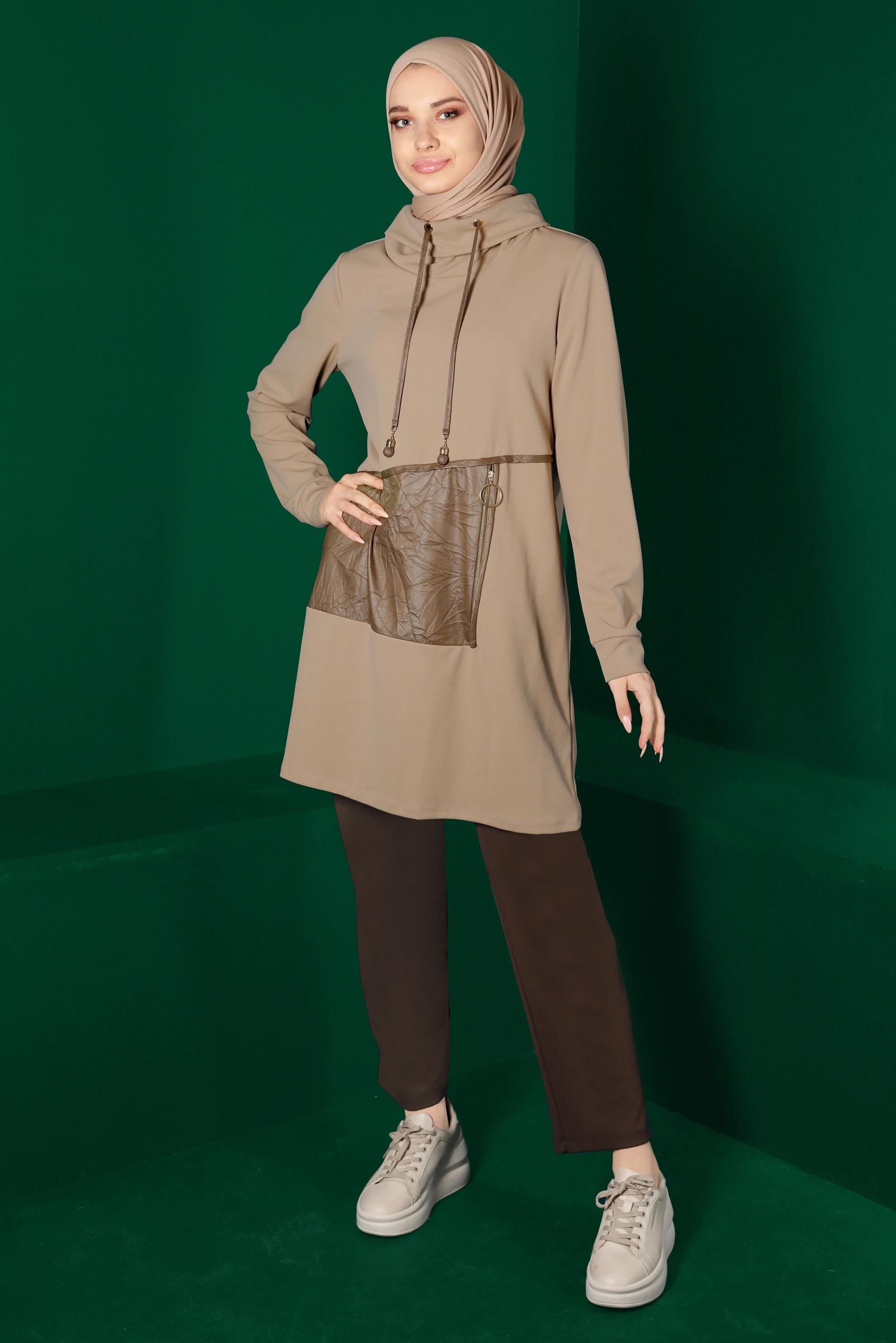 Hijab clothing BEIGE TUNIC WITH LEATHER POCKET 43274