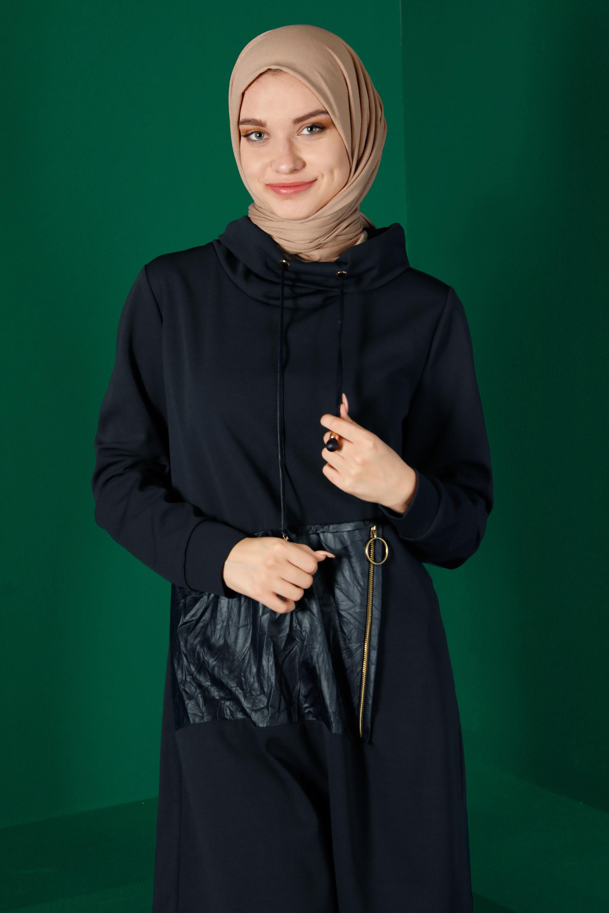 Tesettür giyim LACİVERT CEBİ DERİ DETAYLI TUNİK 43274