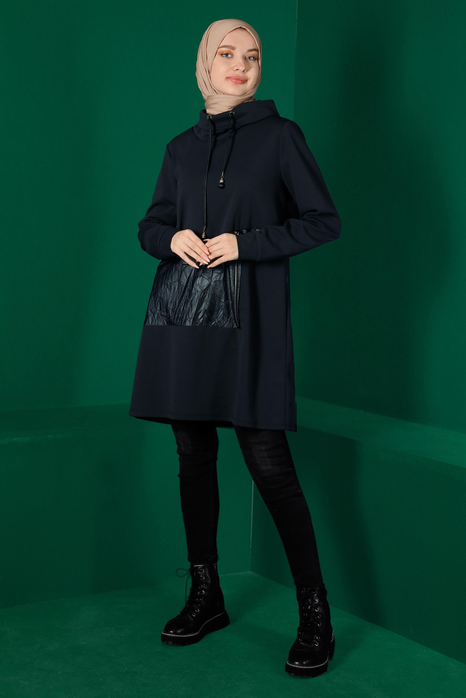 Tesettür giyim LACİVERT CEBİ DERİ DETAYLI TUNİK 43274