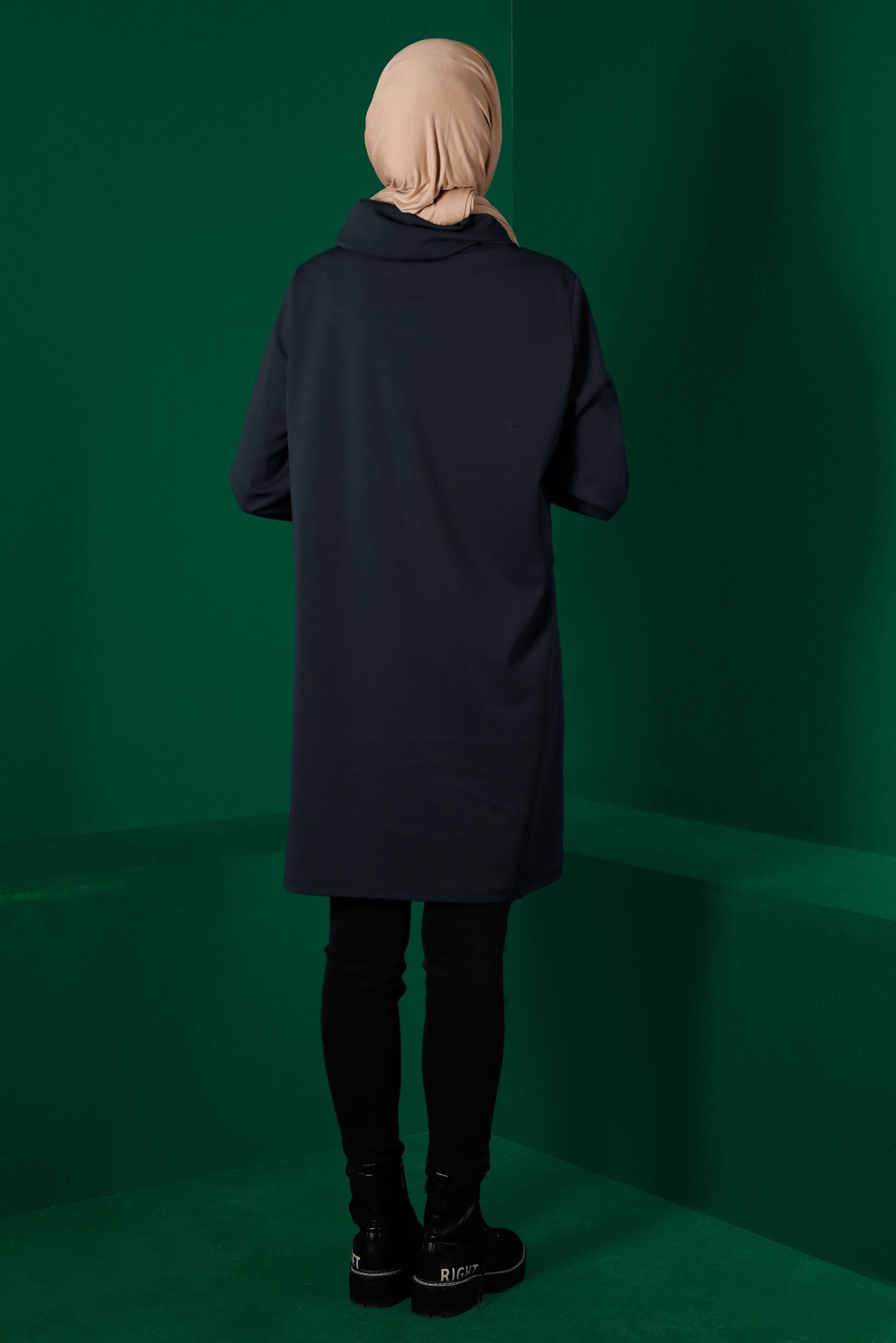 Tesettür giyim LACİVERT CEBİ DERİ DETAYLI TUNİK 43274