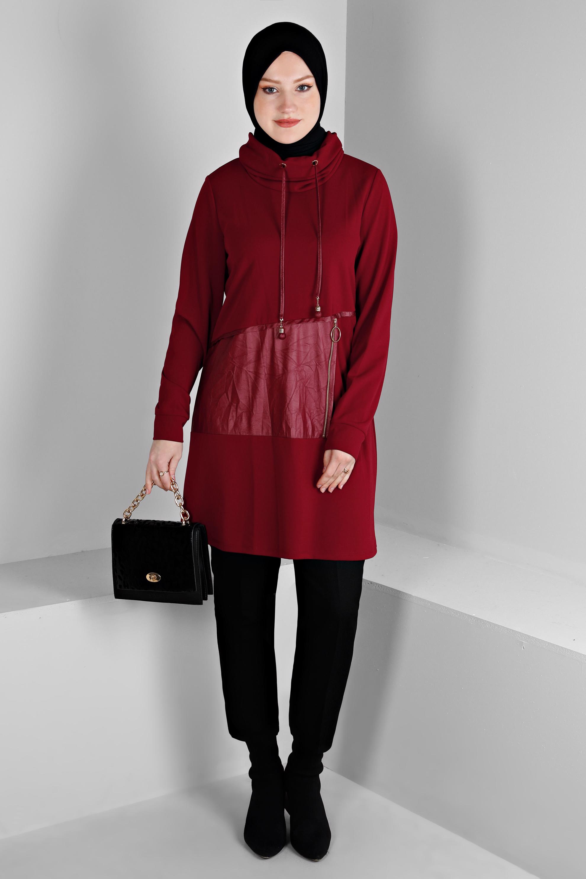Vêtements hijab ROUGE TUNIQUE AVEC POCHE EN CUIR 43274