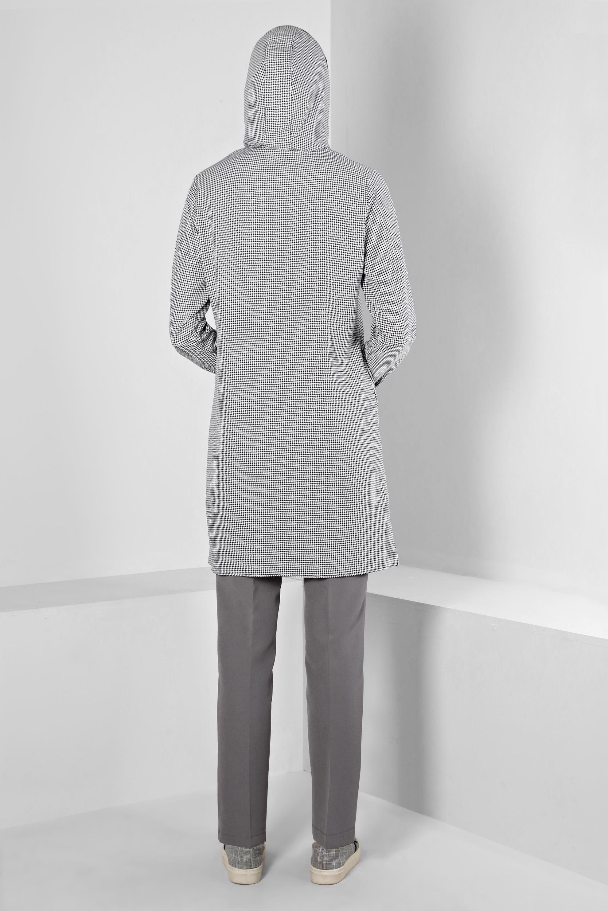 Tesettür giyim SİYAH KAPÜŞONLU KAZAYAĞI DESENLİ TUNİK 43277