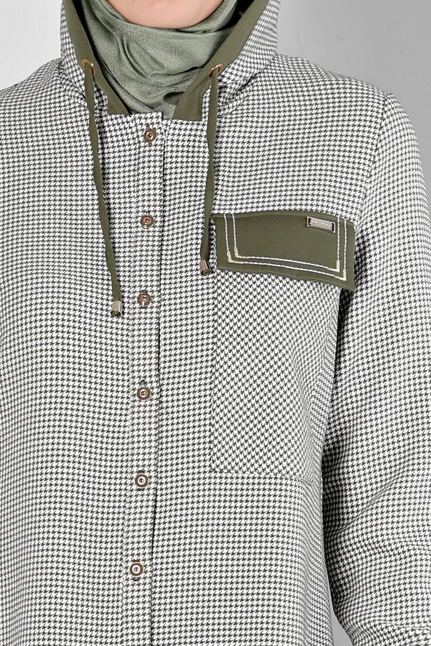 Tesettür giyim HAKİ KAPÜŞONLU KAZAYAĞI DESENLİ TUNİK 43277