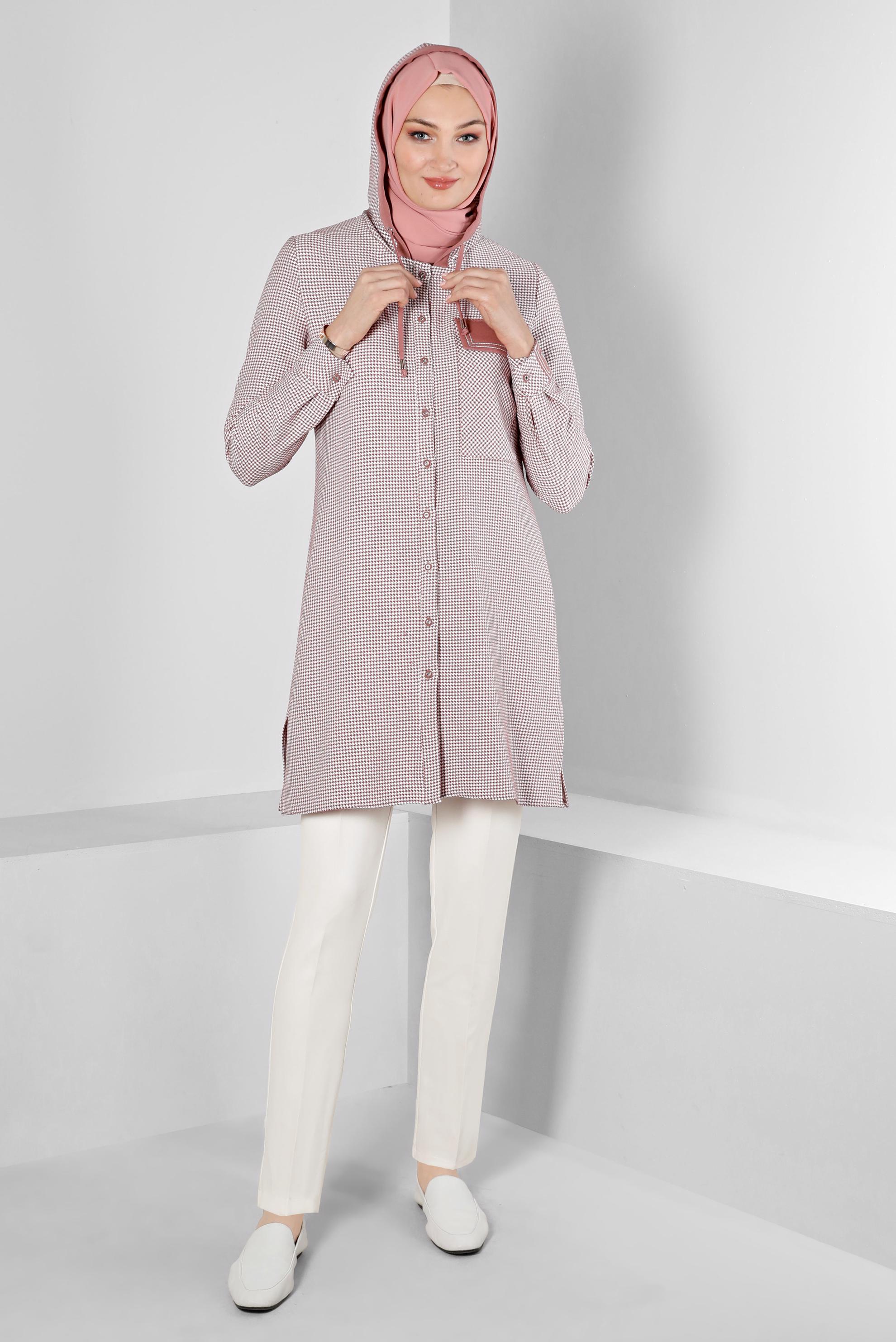 Tesettür giyim PUDRA KAPÜŞONLU KAZAYAĞI DESENLİ TUNİK 43277