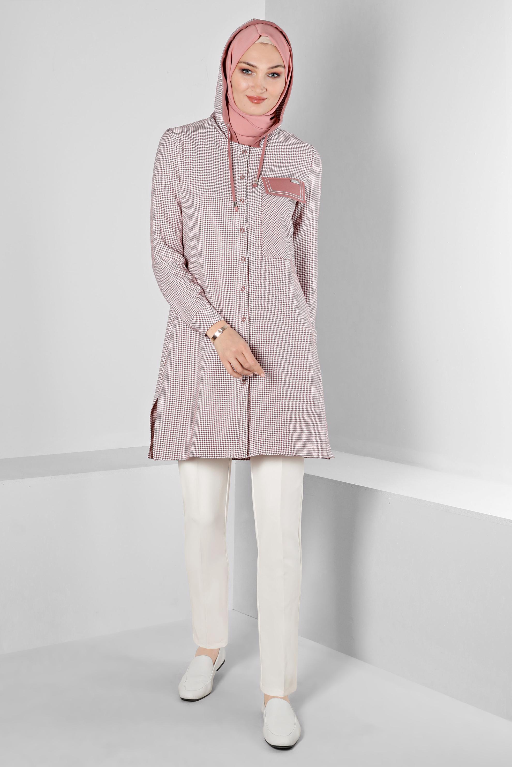 Tesettür giyim PUDRA KAPÜŞONLU KAZAYAĞI DESENLİ TUNİK 43277