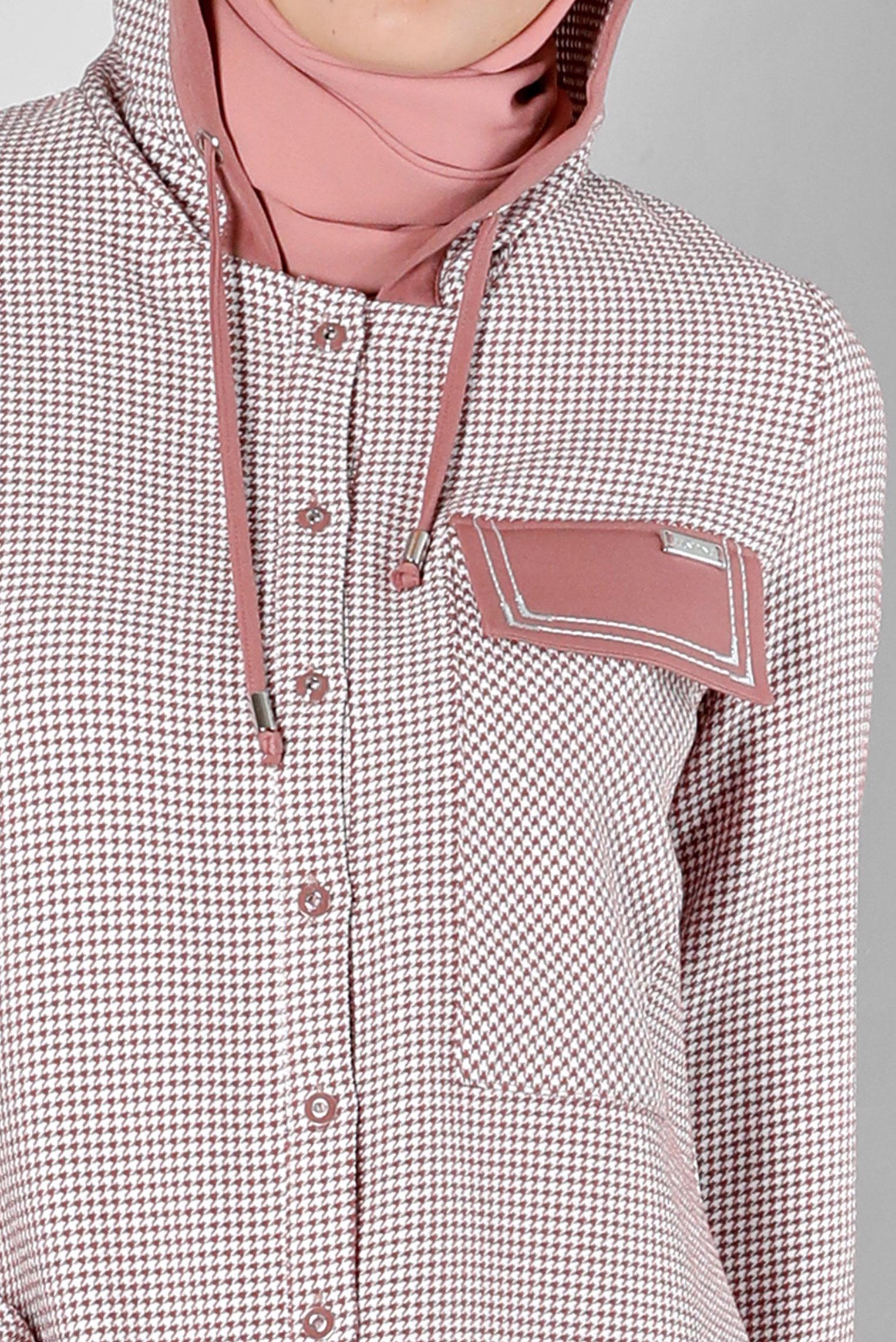 Tesettür giyim PUDRA KAPÜŞONLU KAZAYAĞI DESENLİ TUNİK 43277