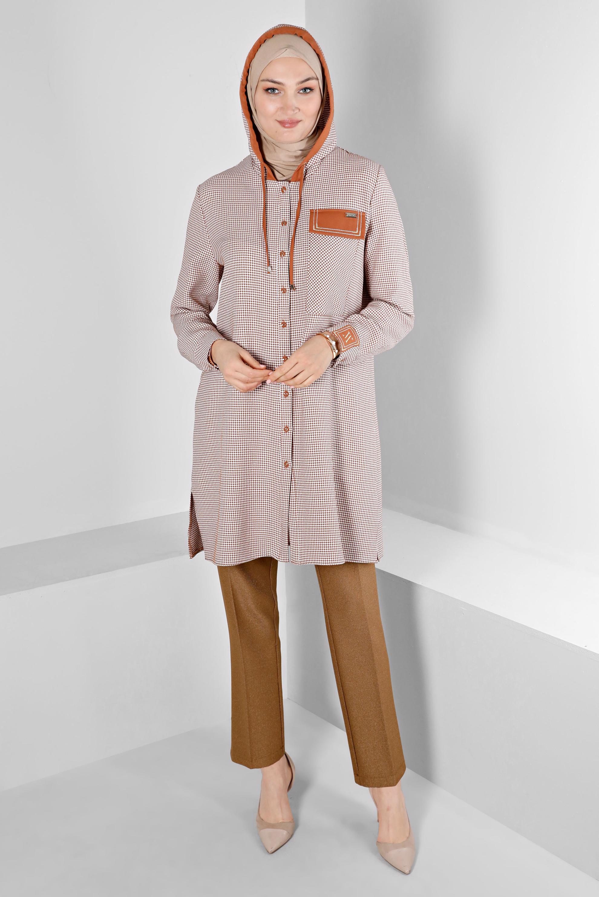 Tesettür giyim TABA KAPÜŞONLU KAZAYAĞI DESENLİ TUNİK 43277