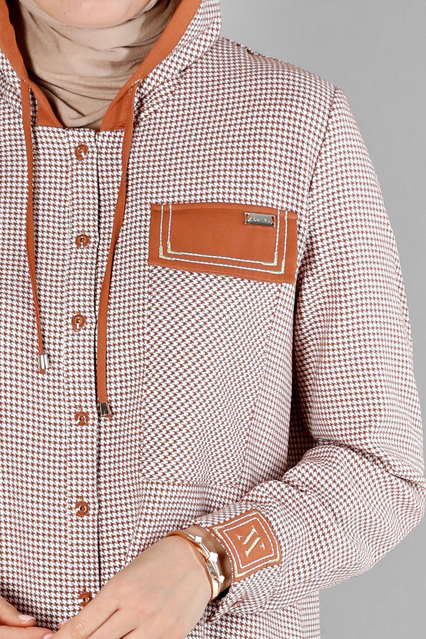 Tesettür giyim TABA KAPÜŞONLU KAZAYAĞI DESENLİ TUNİK 43277