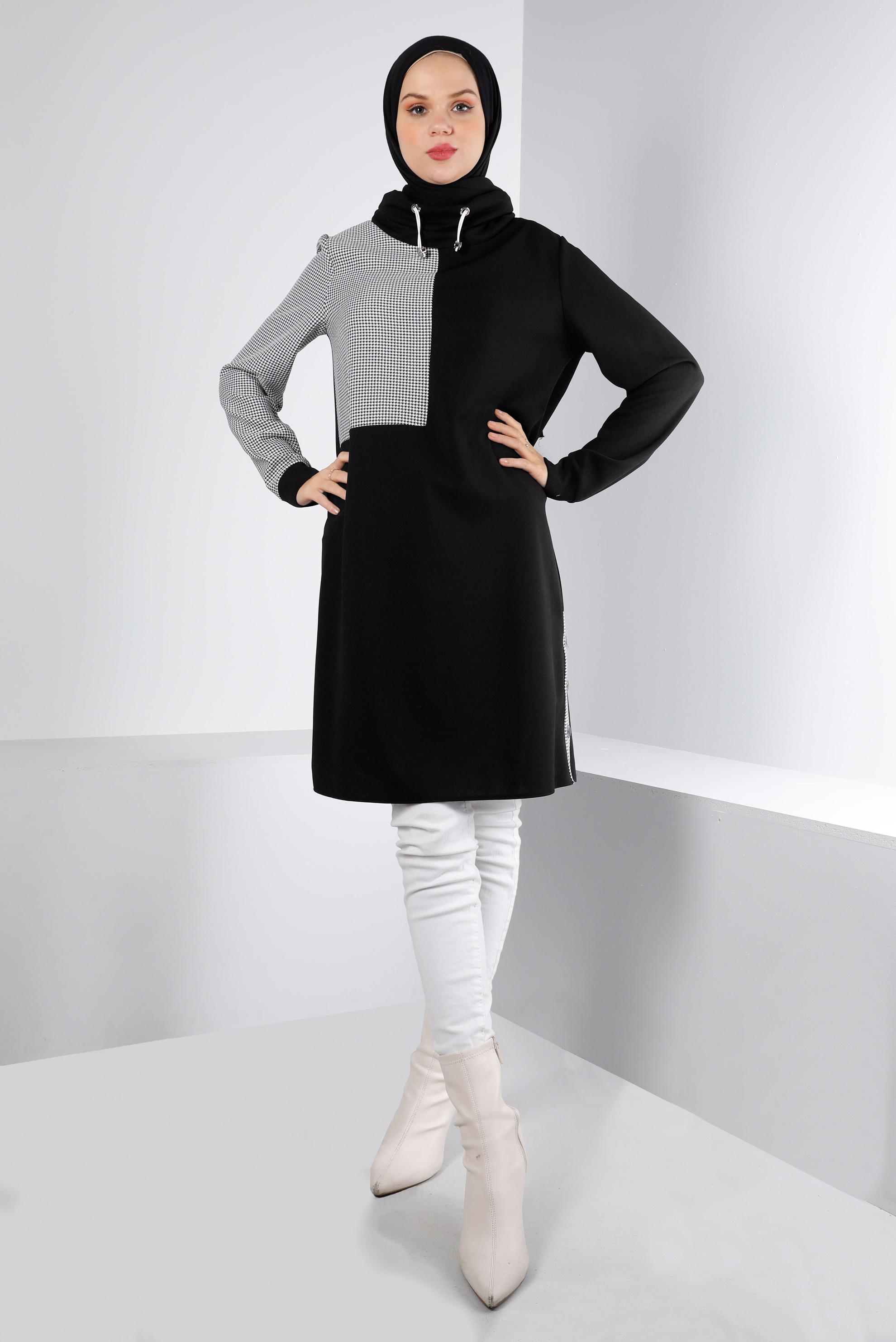 Tesettür giyim SİYAH KAZAYAĞI DETAYLI YANLARI DÜĞMELİ TUNİK 43280