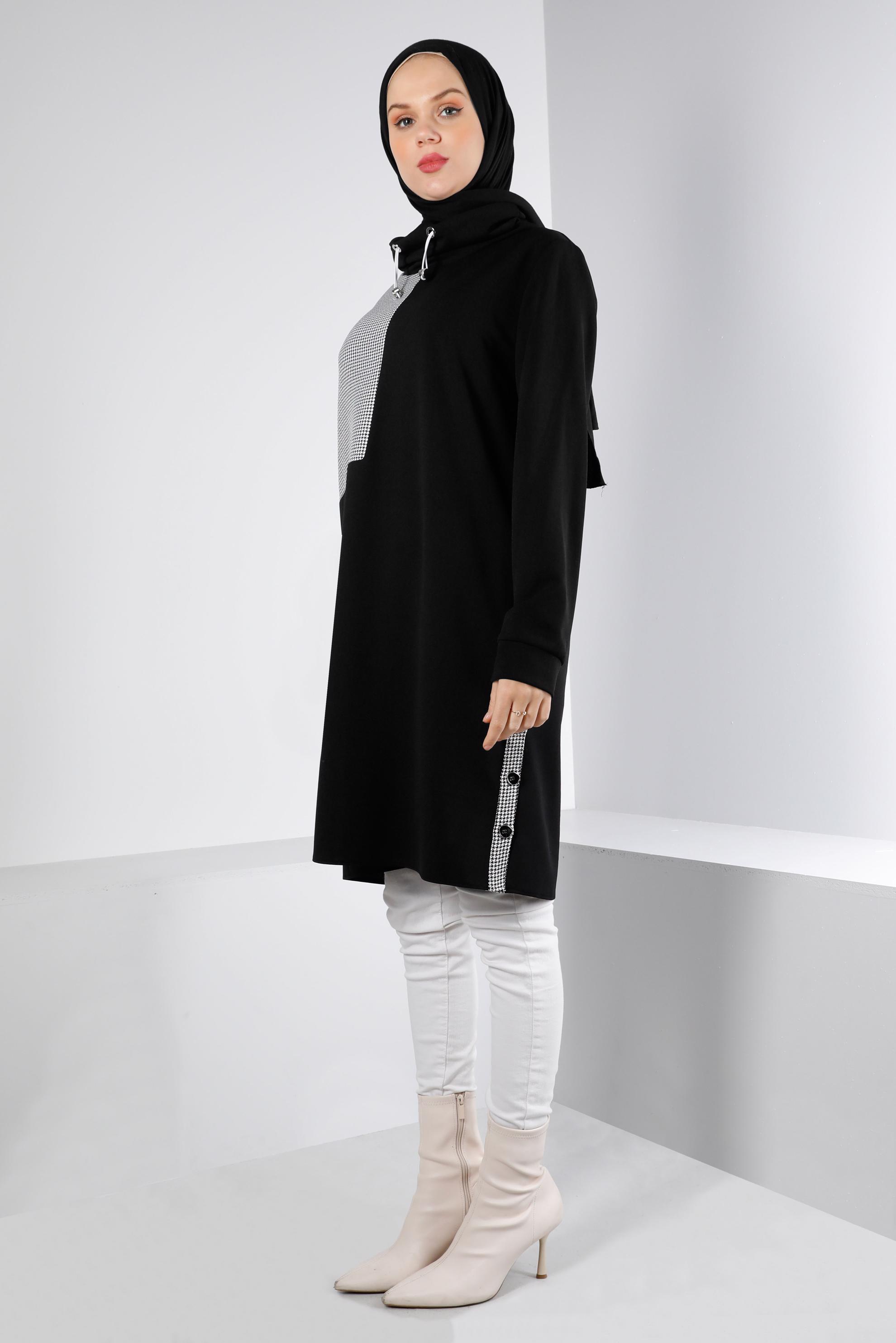 Tesettür giyim SİYAH KAZAYAĞI DETAYLI YANLARI DÜĞMELİ TUNİK 43280