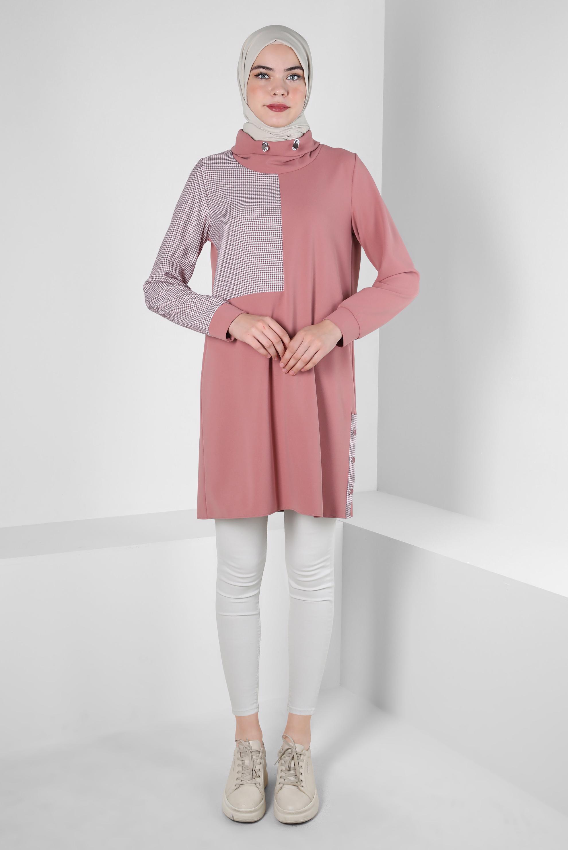 Tesettür giyim PUDRA KAZAYAĞI DETAYLI YANLARI DÜĞMELİ TUNİK 43280