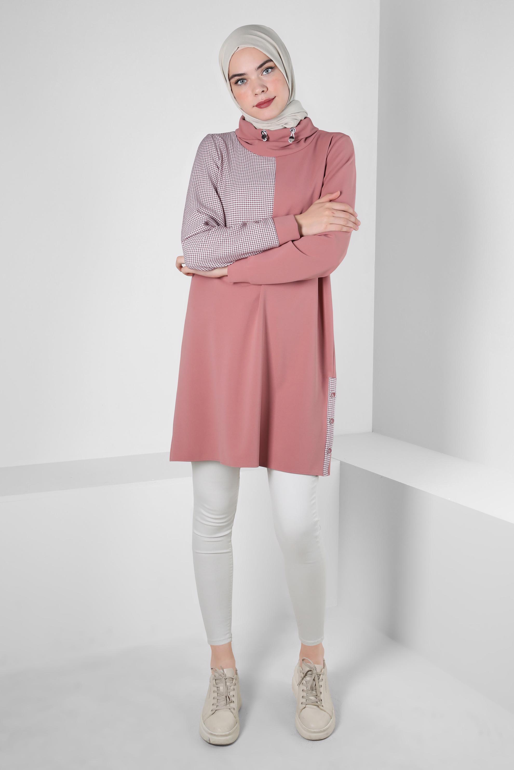 Tesettür giyim PUDRA KAZAYAĞI DETAYLI YANLARI DÜĞMELİ TUNİK 43280