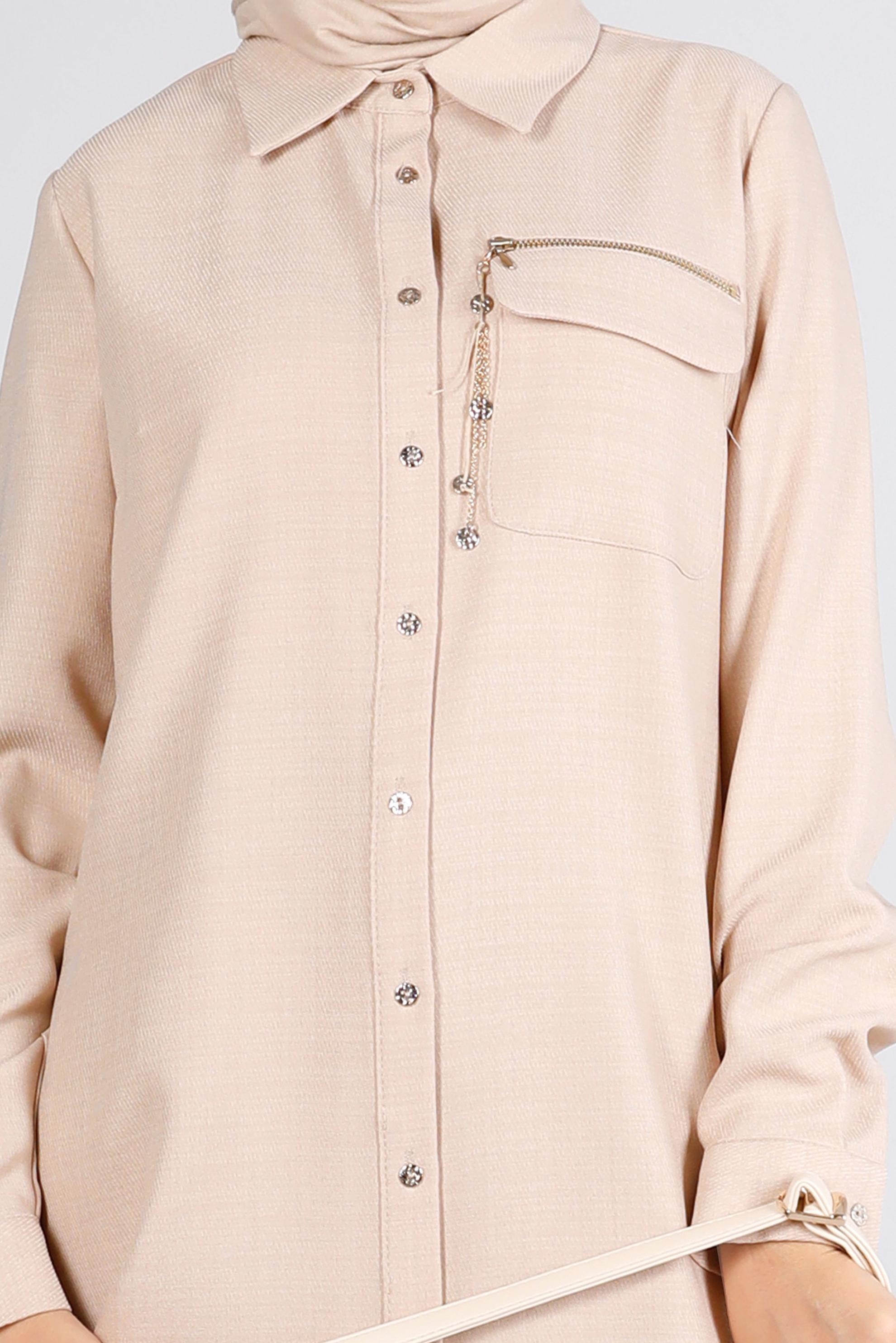 Tesettür giyim BEJ FERMUAR DETAYLI CEPLİ TUNİK 43281