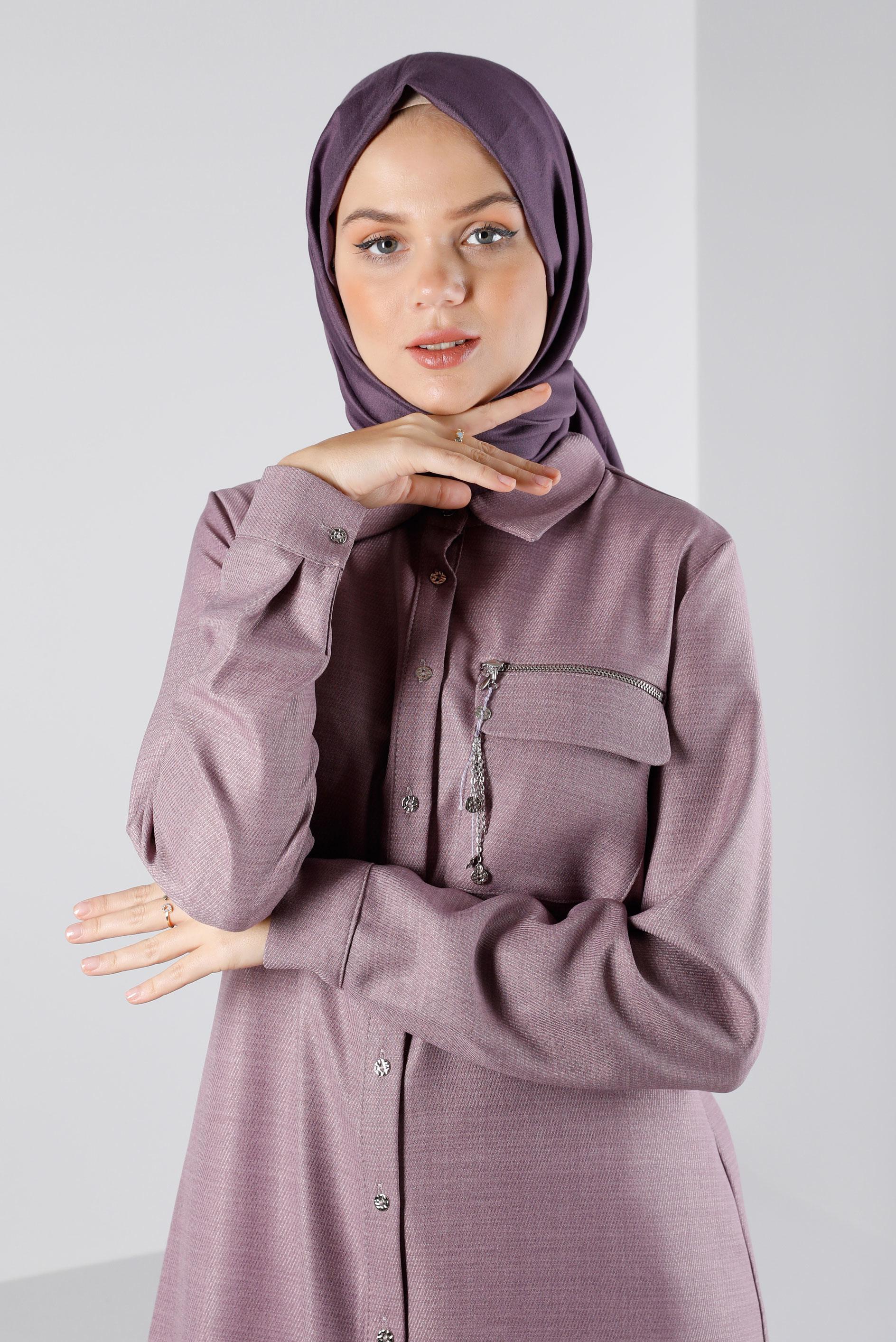 Tesettür giyim MOR FERMUAR DETAYLI CEPLİ TUNİK 43281