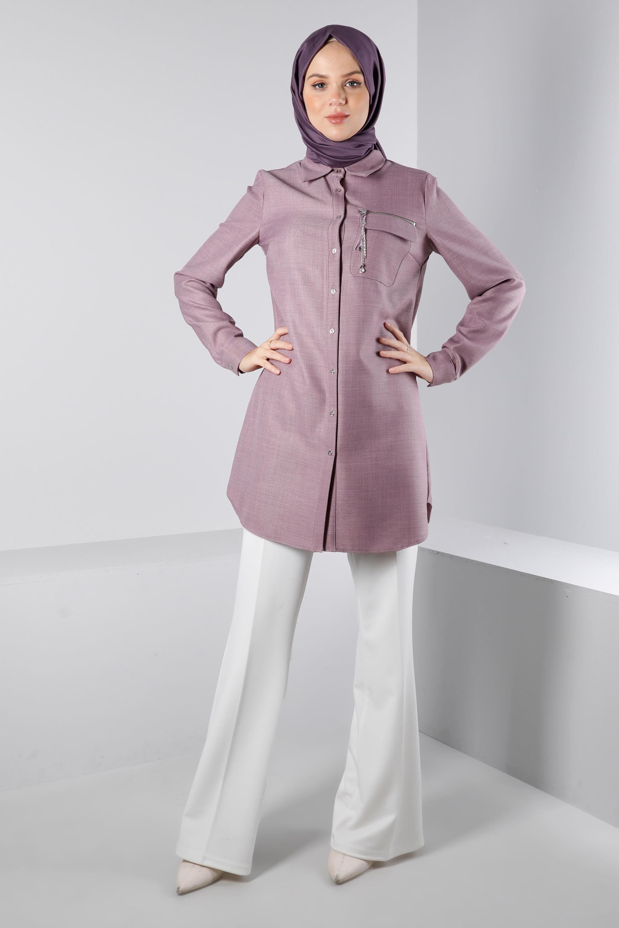 Tesettür giyim MOR FERMUAR DETAYLI CEPLİ TUNİK 43281