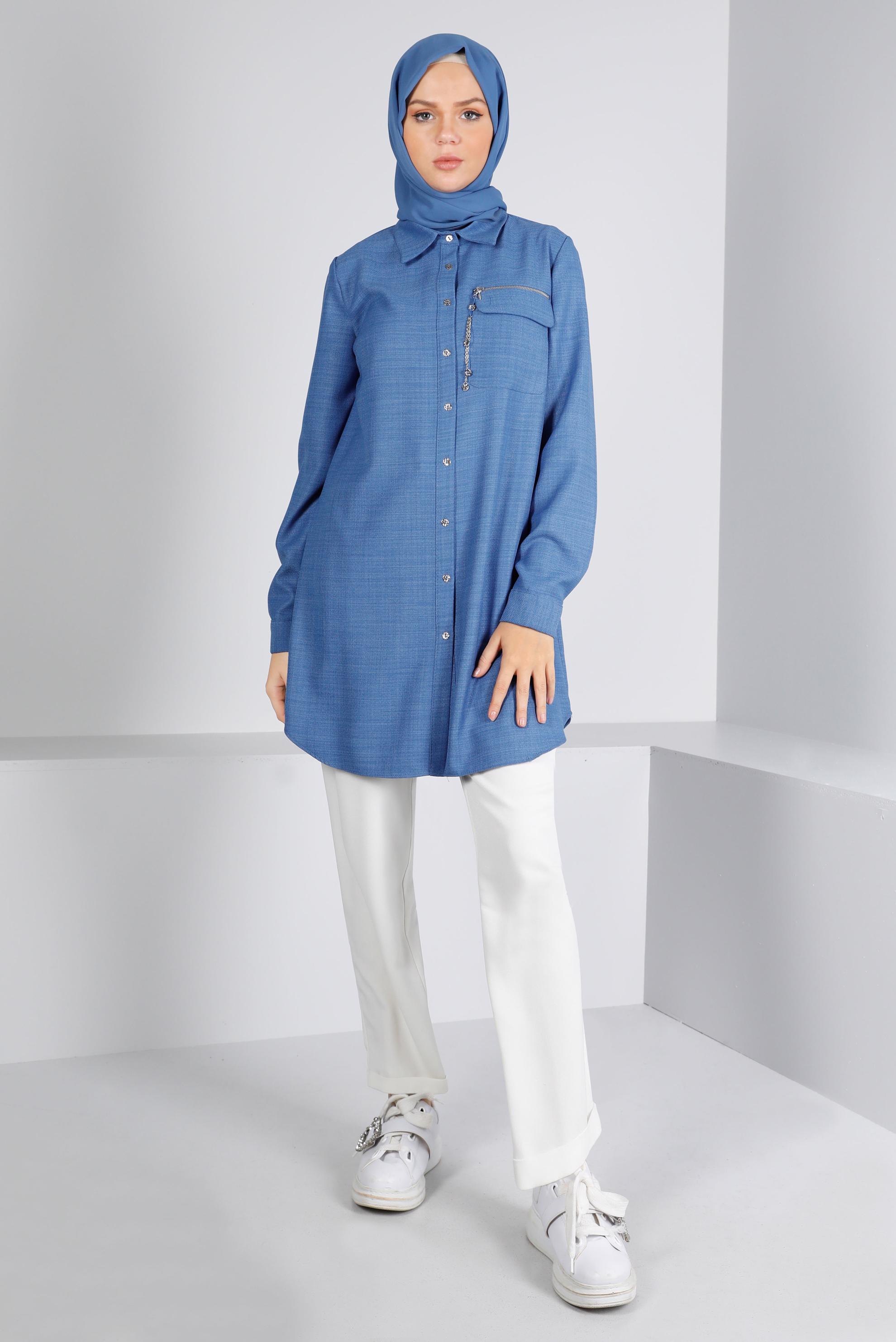 Tesettür giyim MAVİ FERMUAR DETAYLI CEPLİ TUNİK 43281