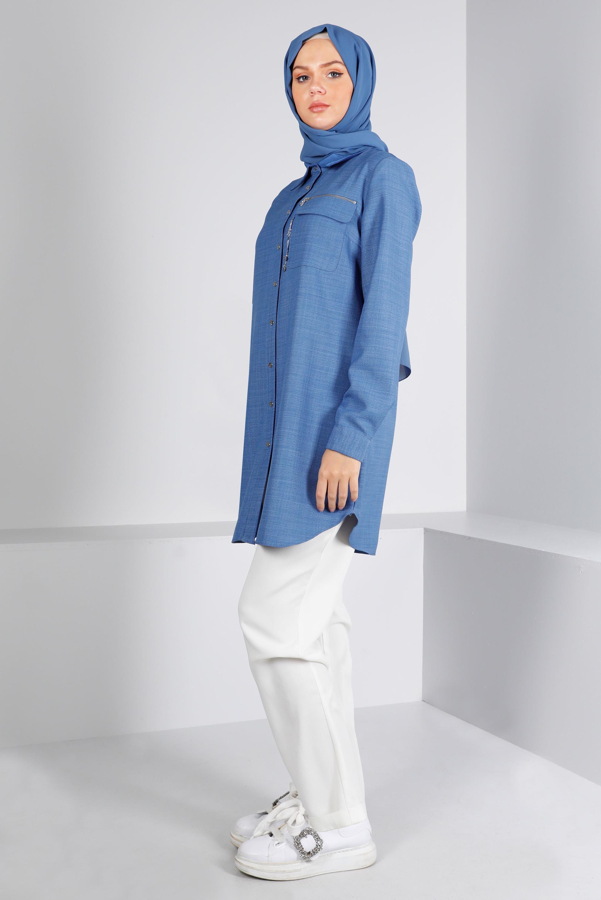 Tesettür giyim MAVİ FERMUAR DETAYLI CEPLİ TUNİK 43281