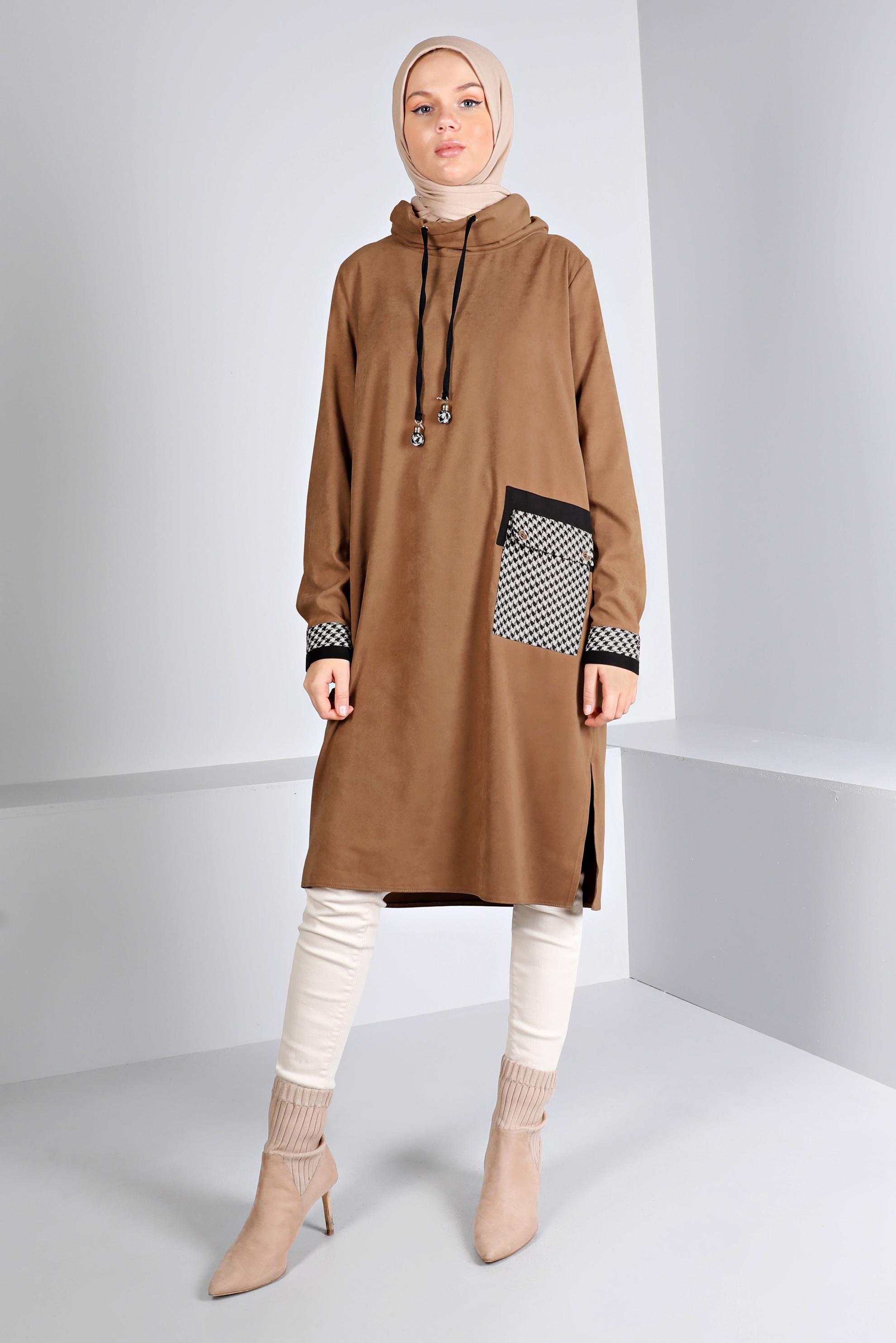 Tesettür giyim BEJ CEBİ KAZAYAĞI DESENLİ TUNİK 43283 