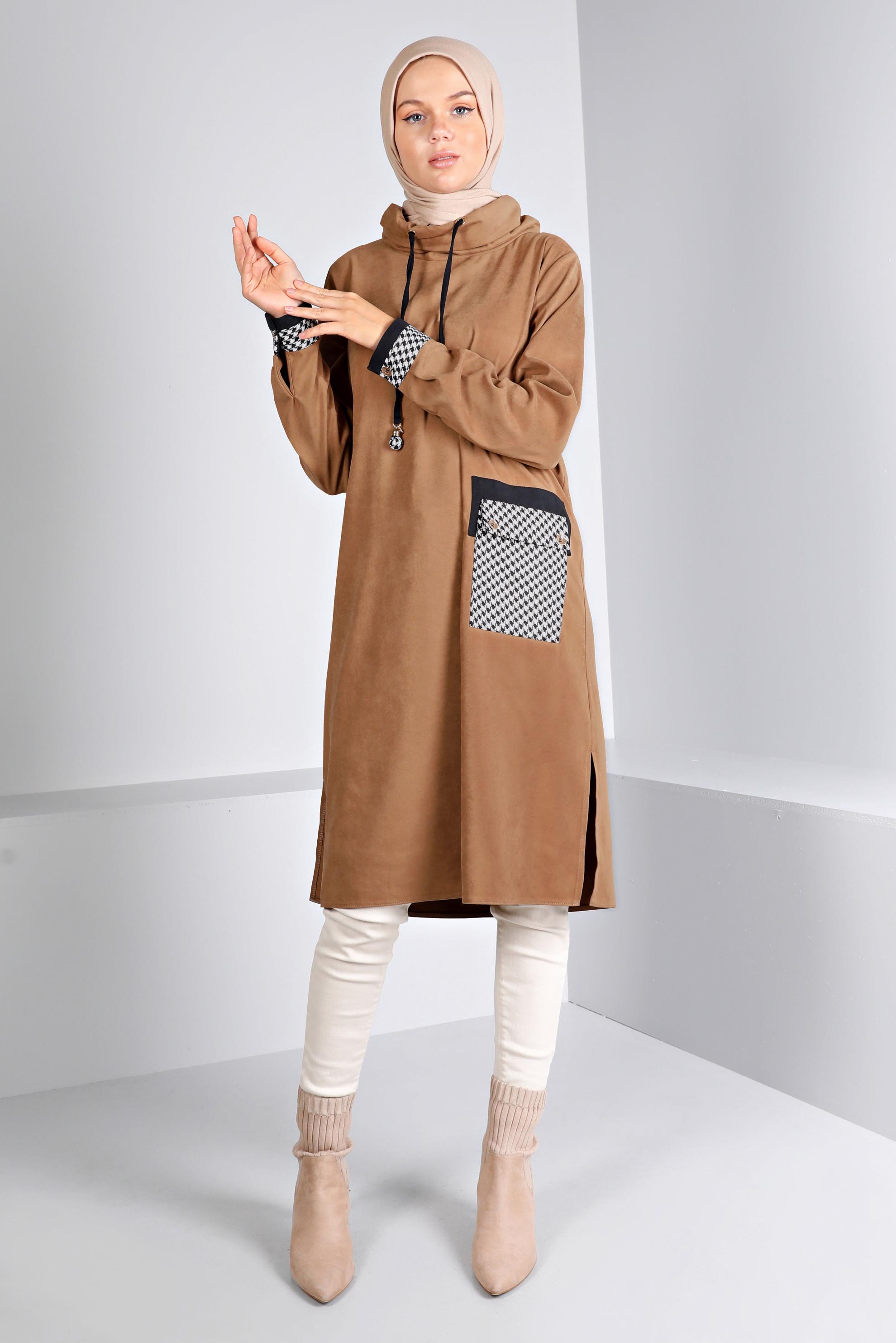 Tesettür giyim BEJ CEBİ KAZAYAĞI DESENLİ TUNİK 43283 