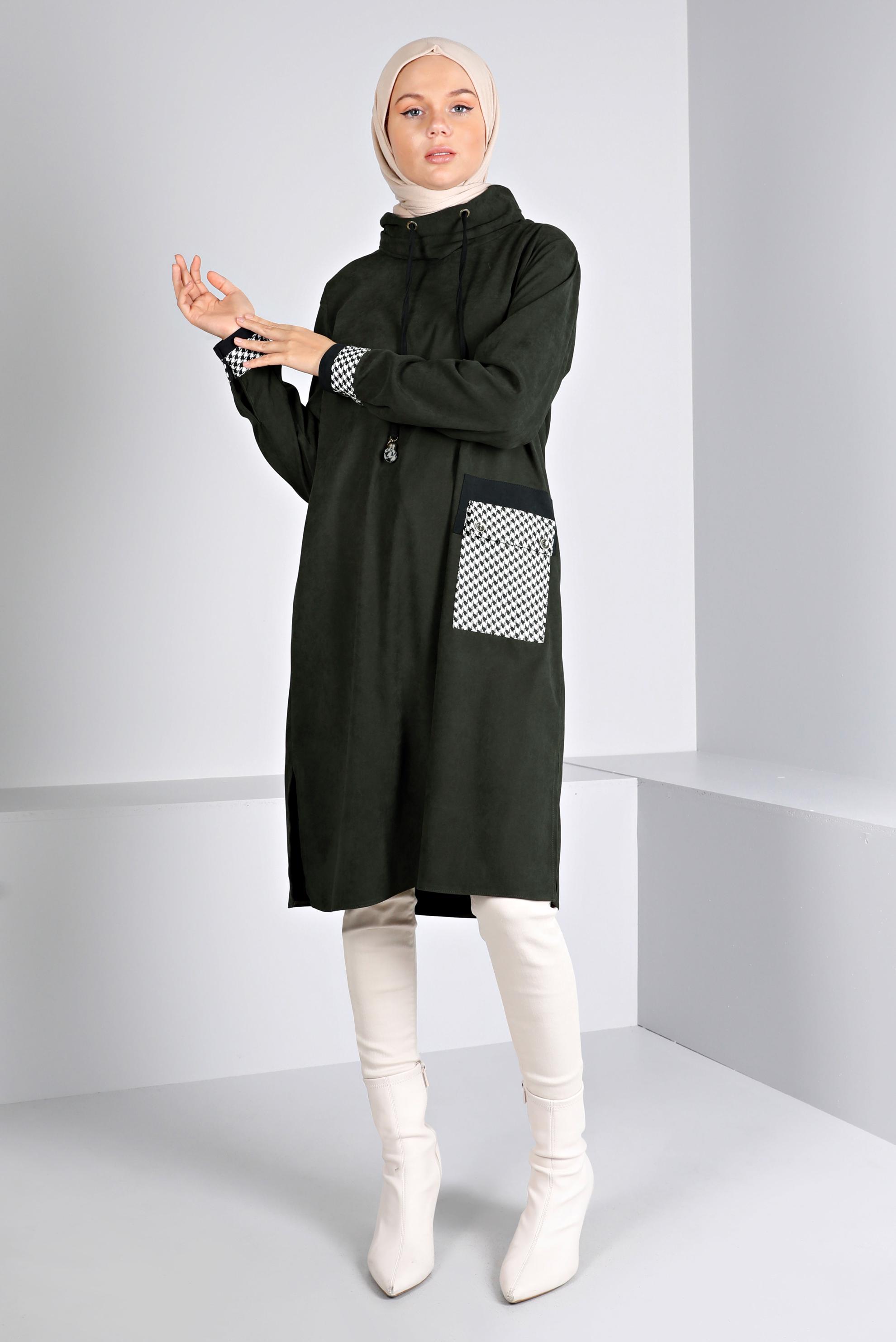 Tesettür giyim HAKİ CEBİ KAZAYAĞI DESENLİ TUNİK 43283 