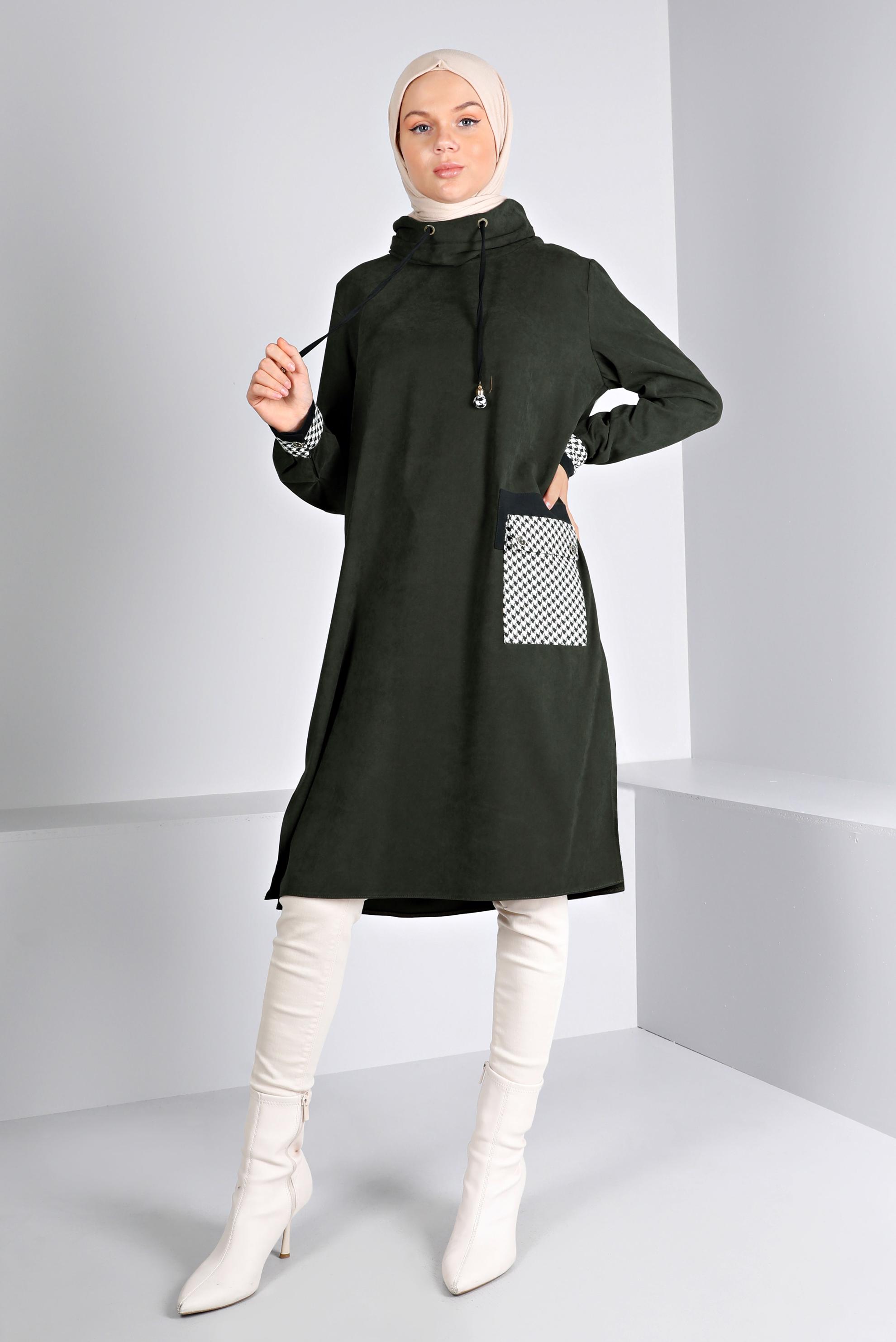 Tesettür giyim HAKİ CEBİ KAZAYAĞI DESENLİ TUNİK 43283 