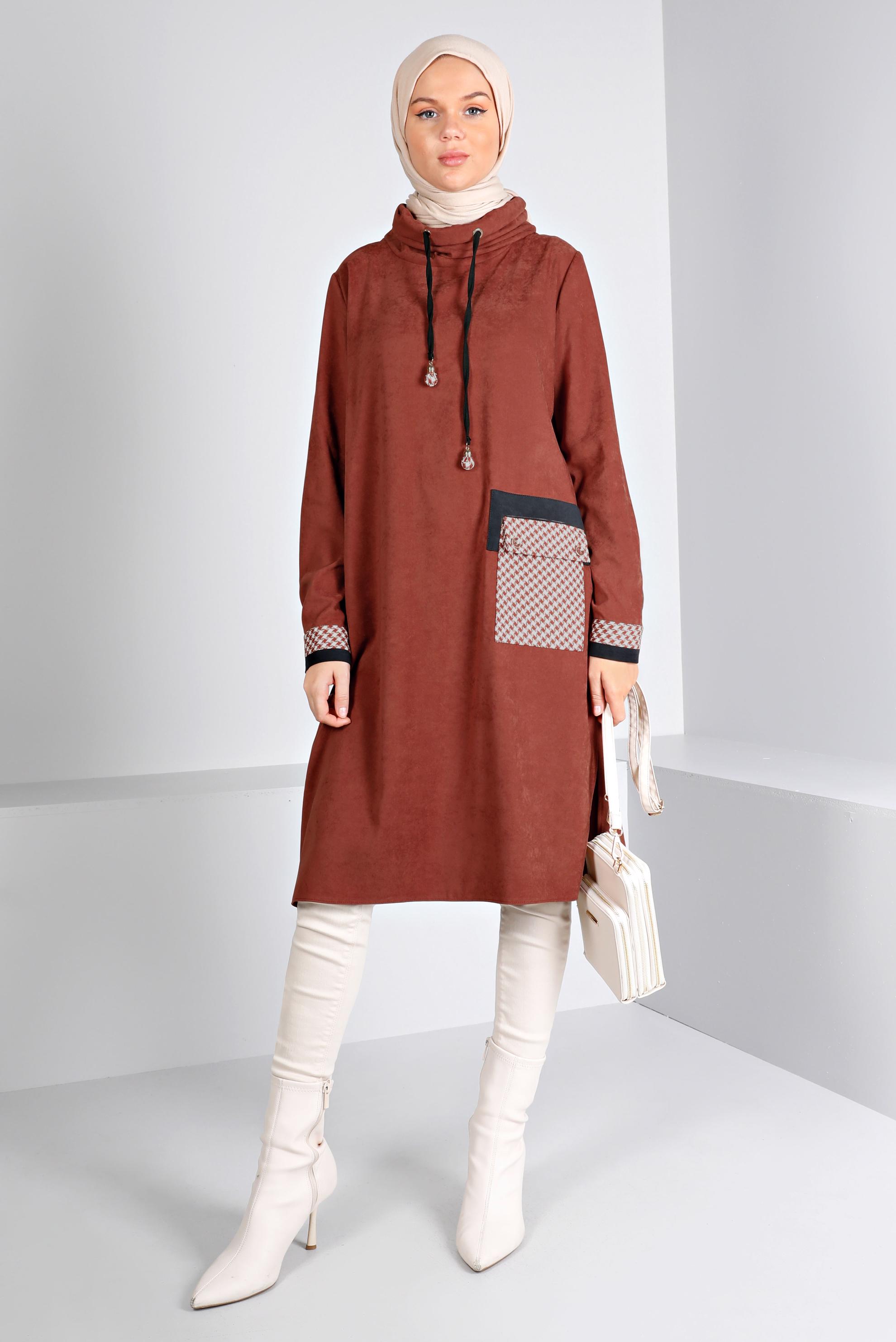 Tesettür giyim TURUNCU CEBİ KAZAYAĞI DESENLİ TUNİK 43283 