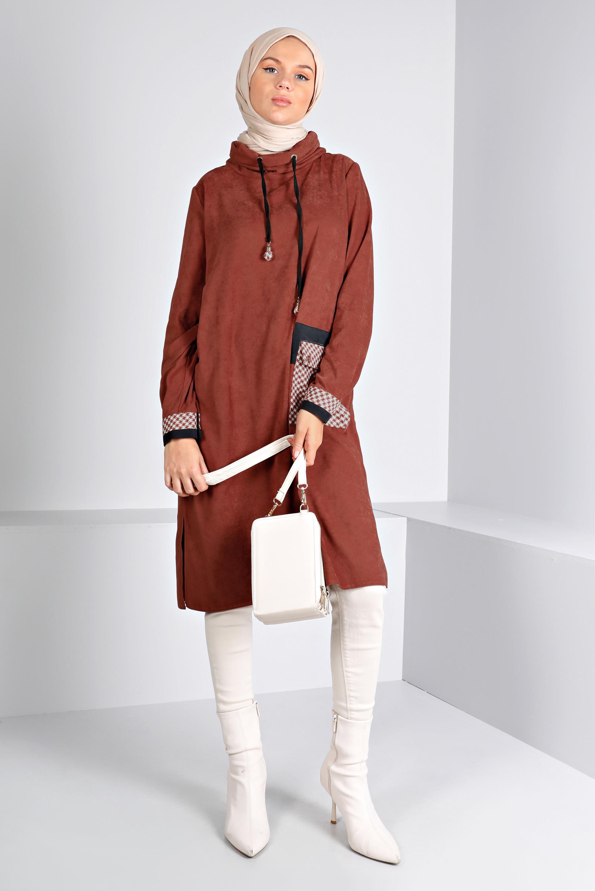 Tesettür giyim TURUNCU CEBİ KAZAYAĞI DESENLİ TUNİK 43283 