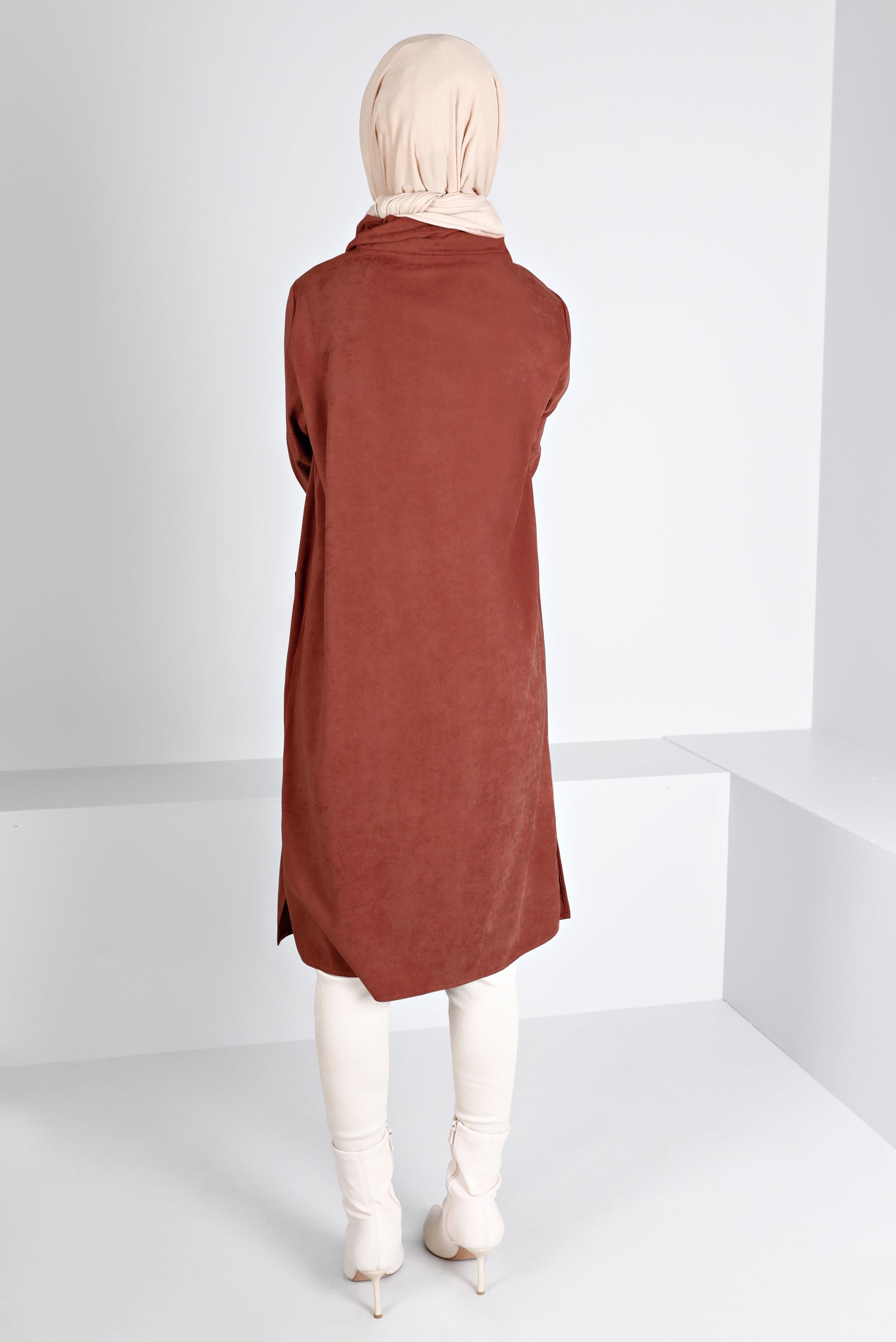 Tesettür giyim TURUNCU CEBİ KAZAYAĞI DESENLİ TUNİK 43283 