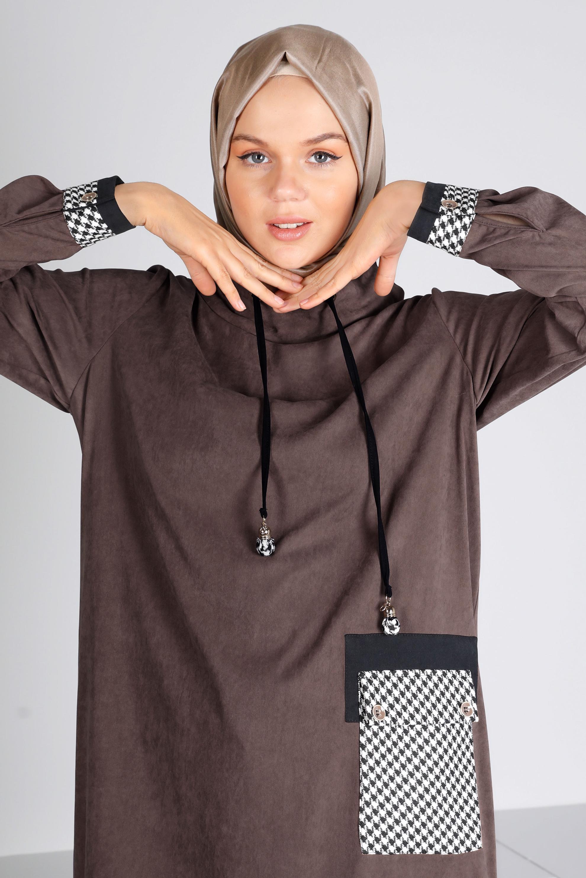 Tesettür giyim VİZON CEBİ KAZAYAĞI DESENLİ TUNİK 43283 