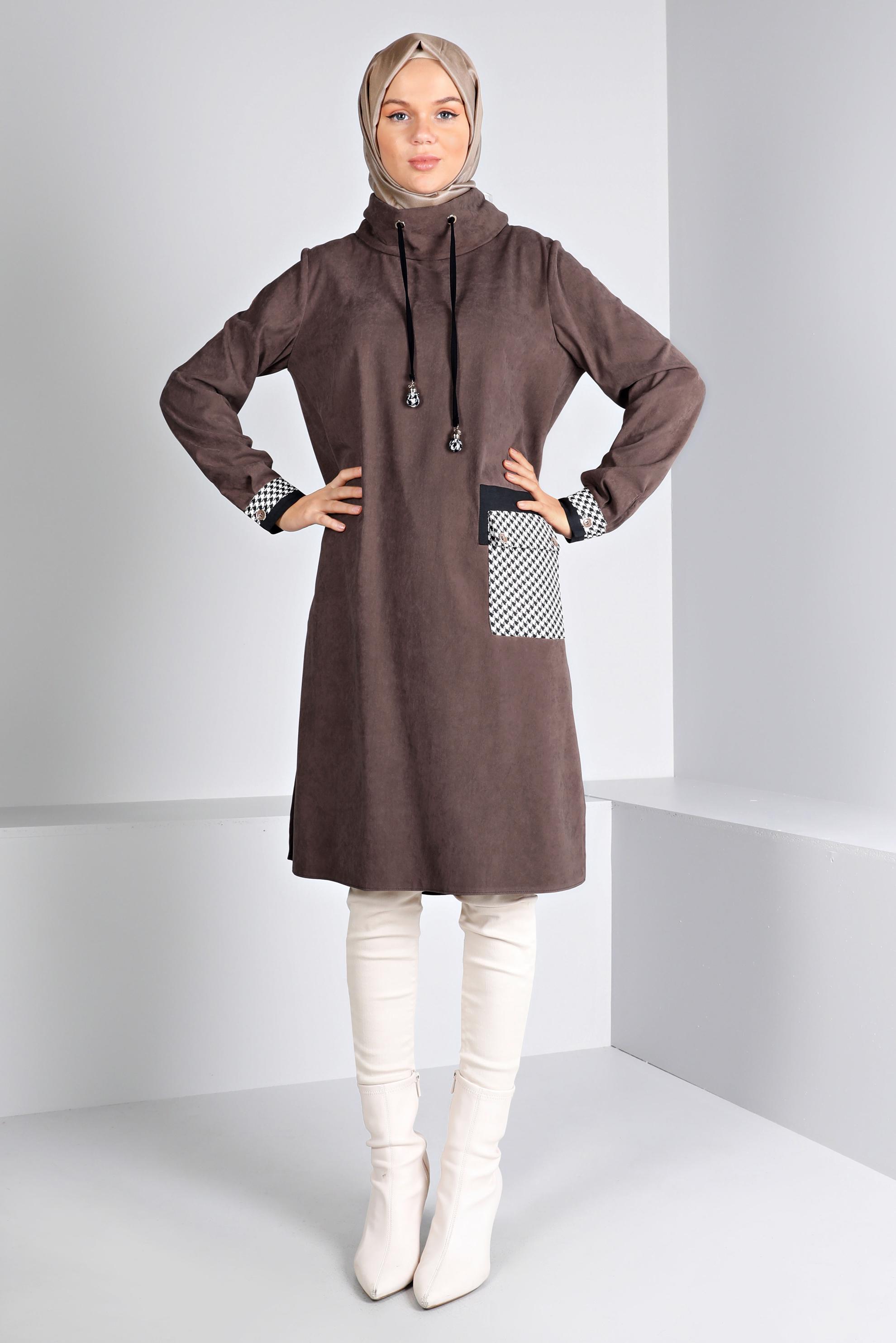 Tesettür giyim VİZON CEBİ KAZAYAĞI DESENLİ TUNİK 43283 