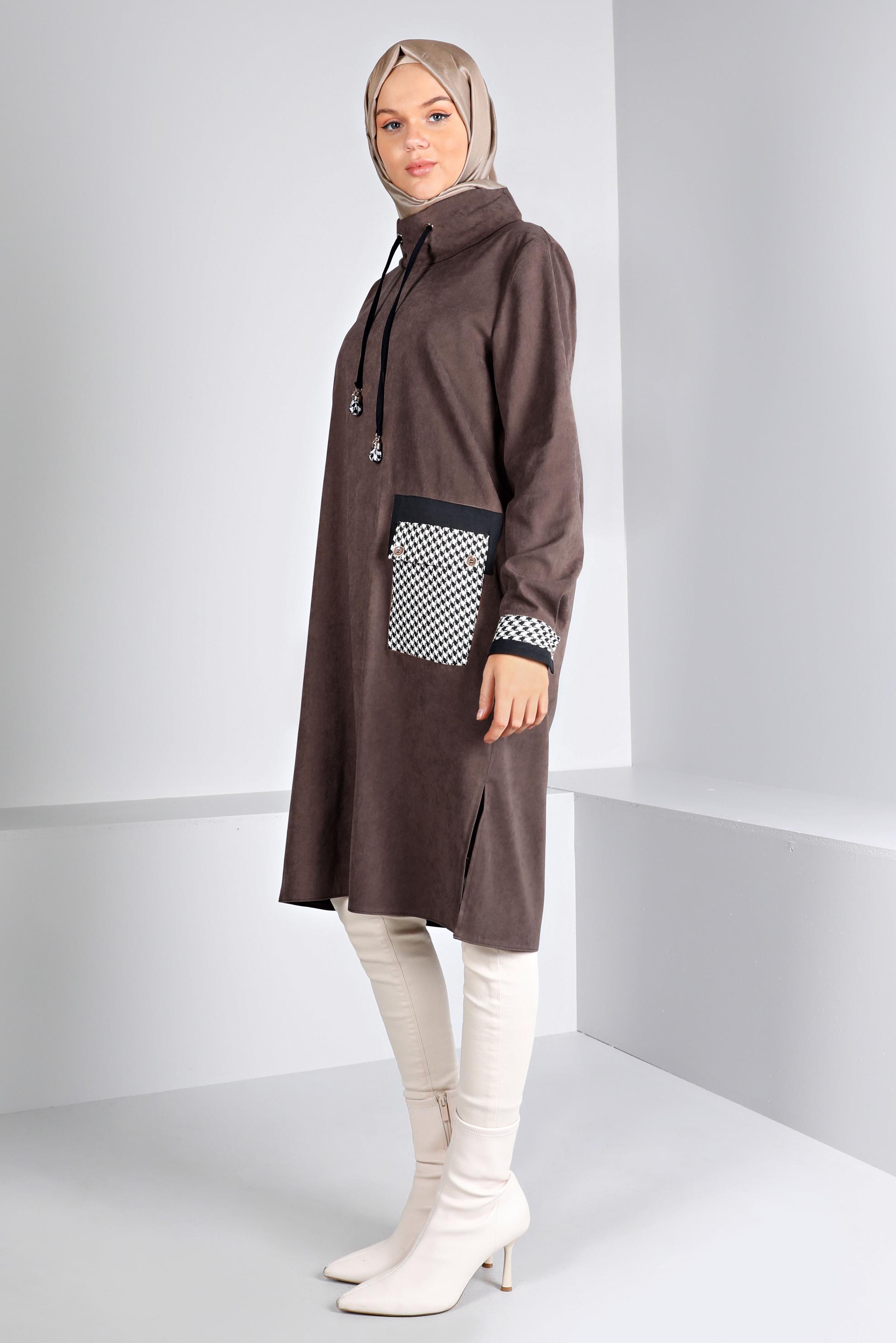 Tesettür giyim VİZON CEBİ KAZAYAĞI DESENLİ TUNİK 43283 