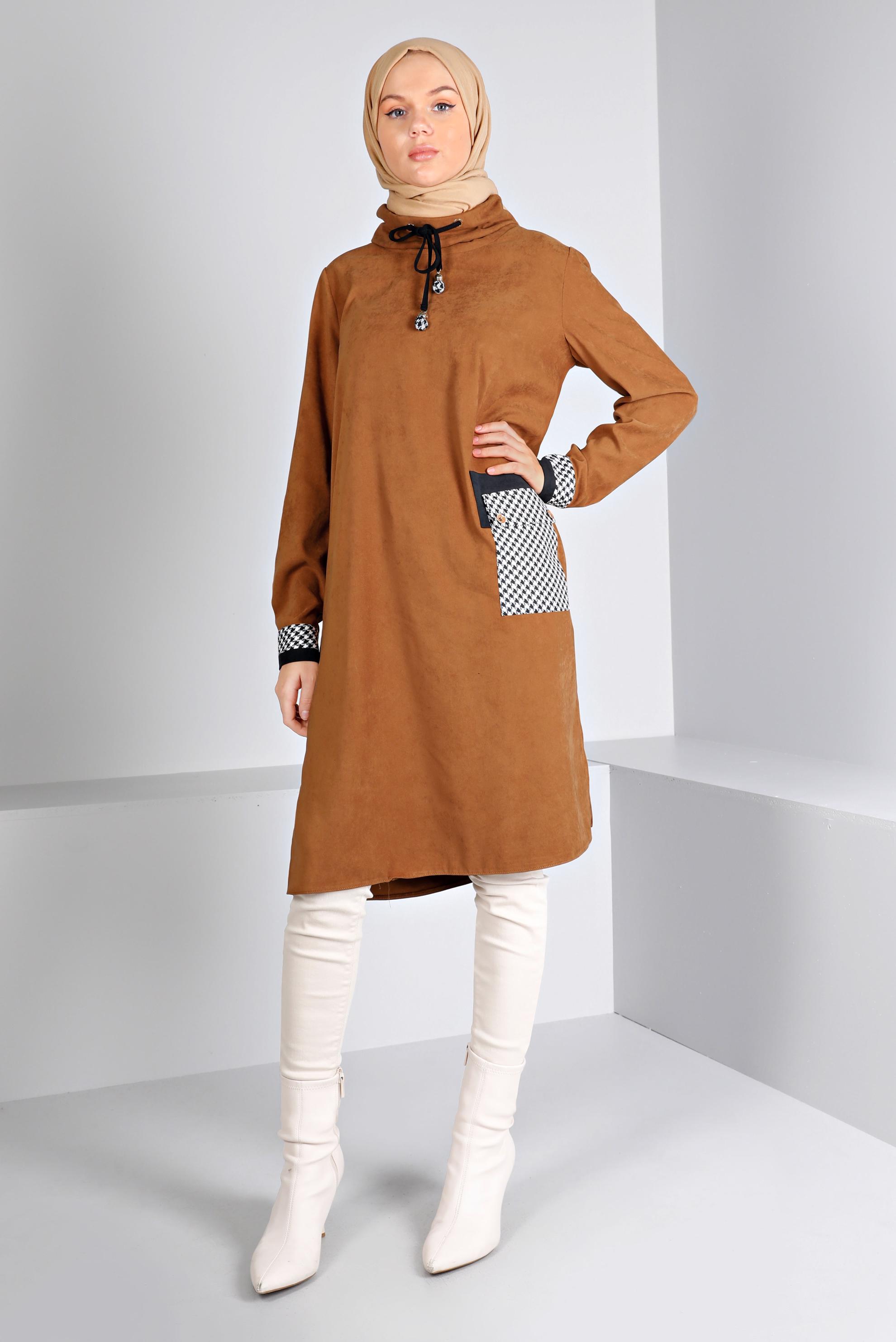 Tesettür giyim SARI CEBİ KAZAYAĞI DESENLİ TUNİK 43283 