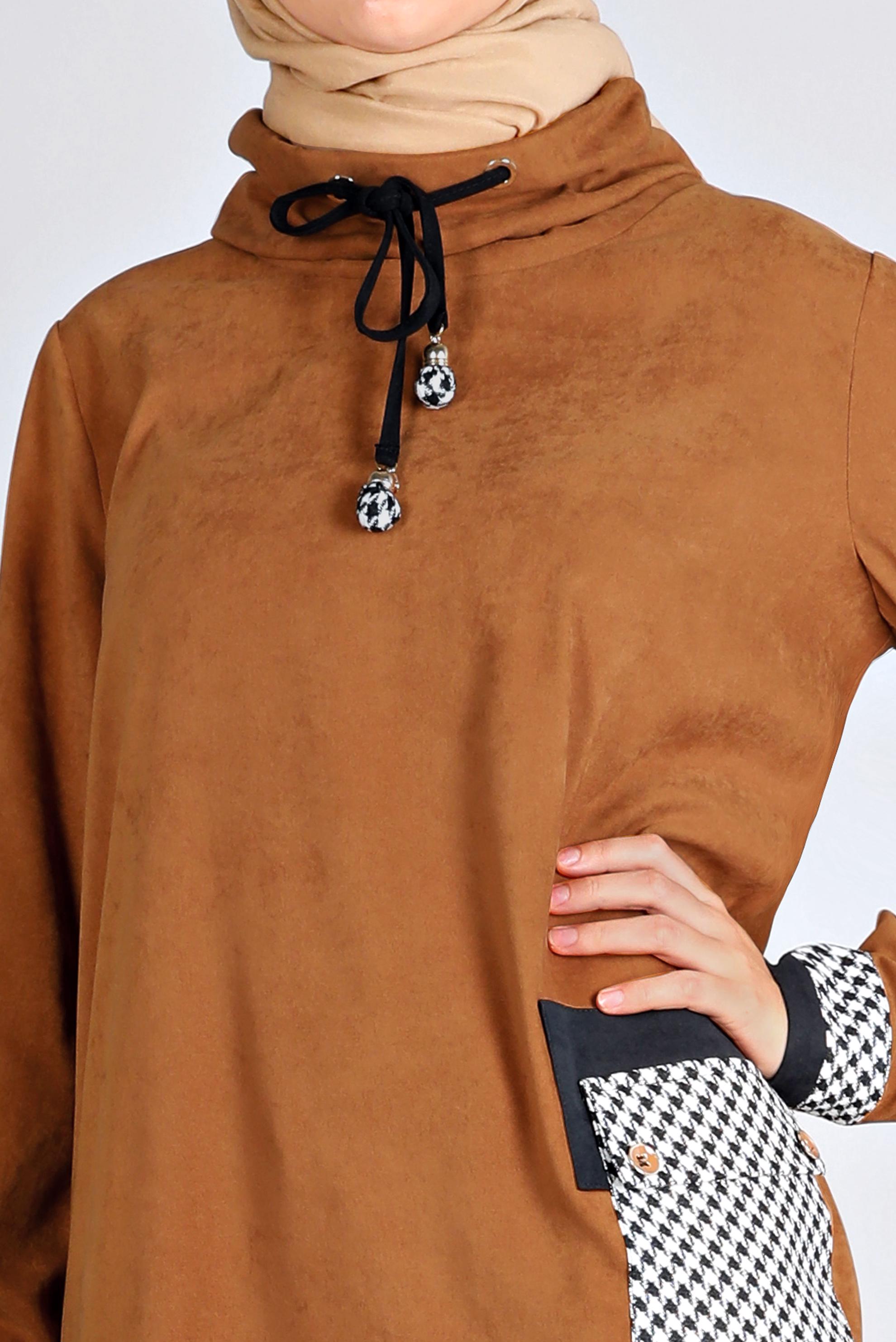 Tesettür giyim SARI CEBİ KAZAYAĞI DESENLİ TUNİK 43283 