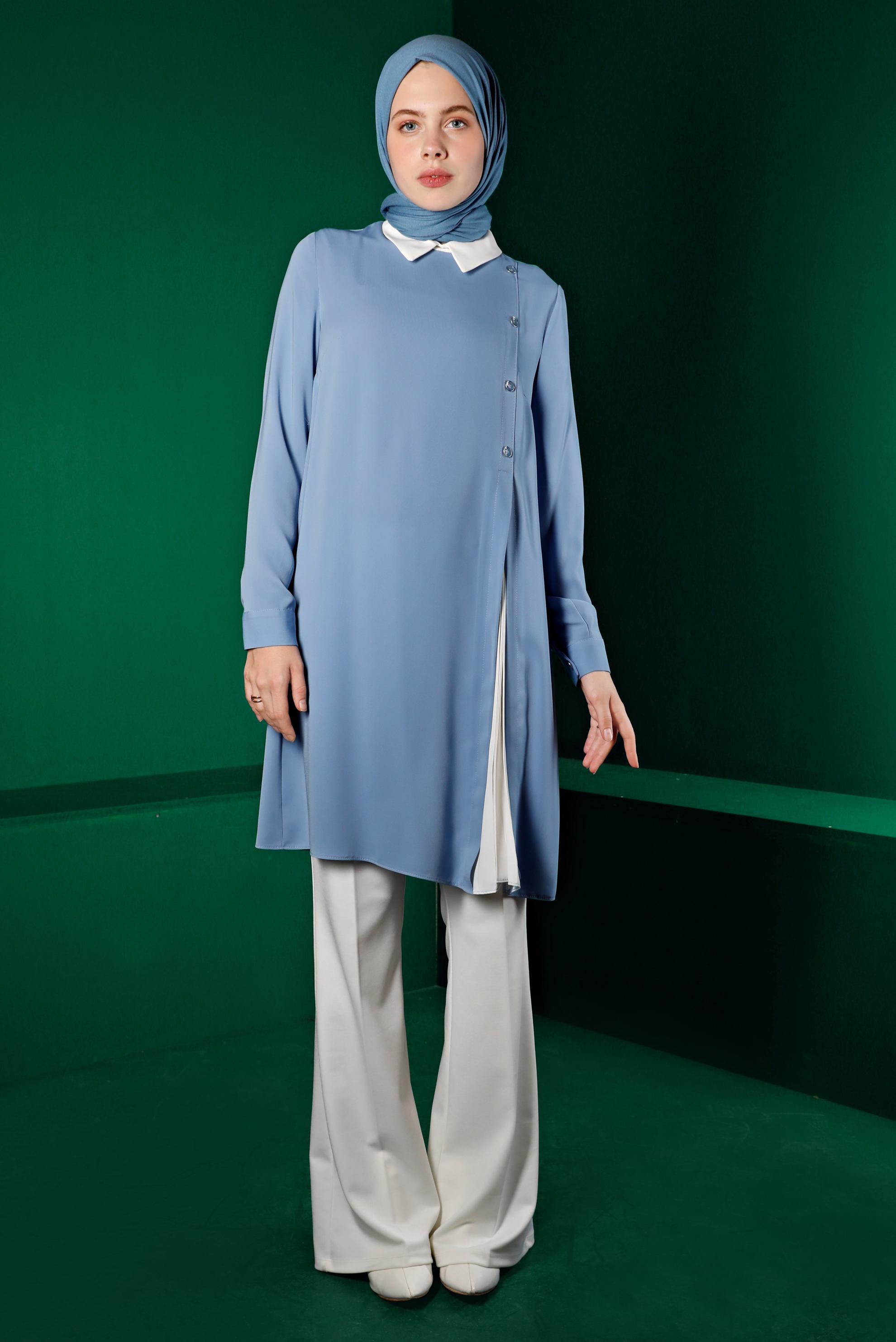 Tesettür giyim MAVİ PİLİSE DETAYLI DÜĞMELİ TUNİK 43284