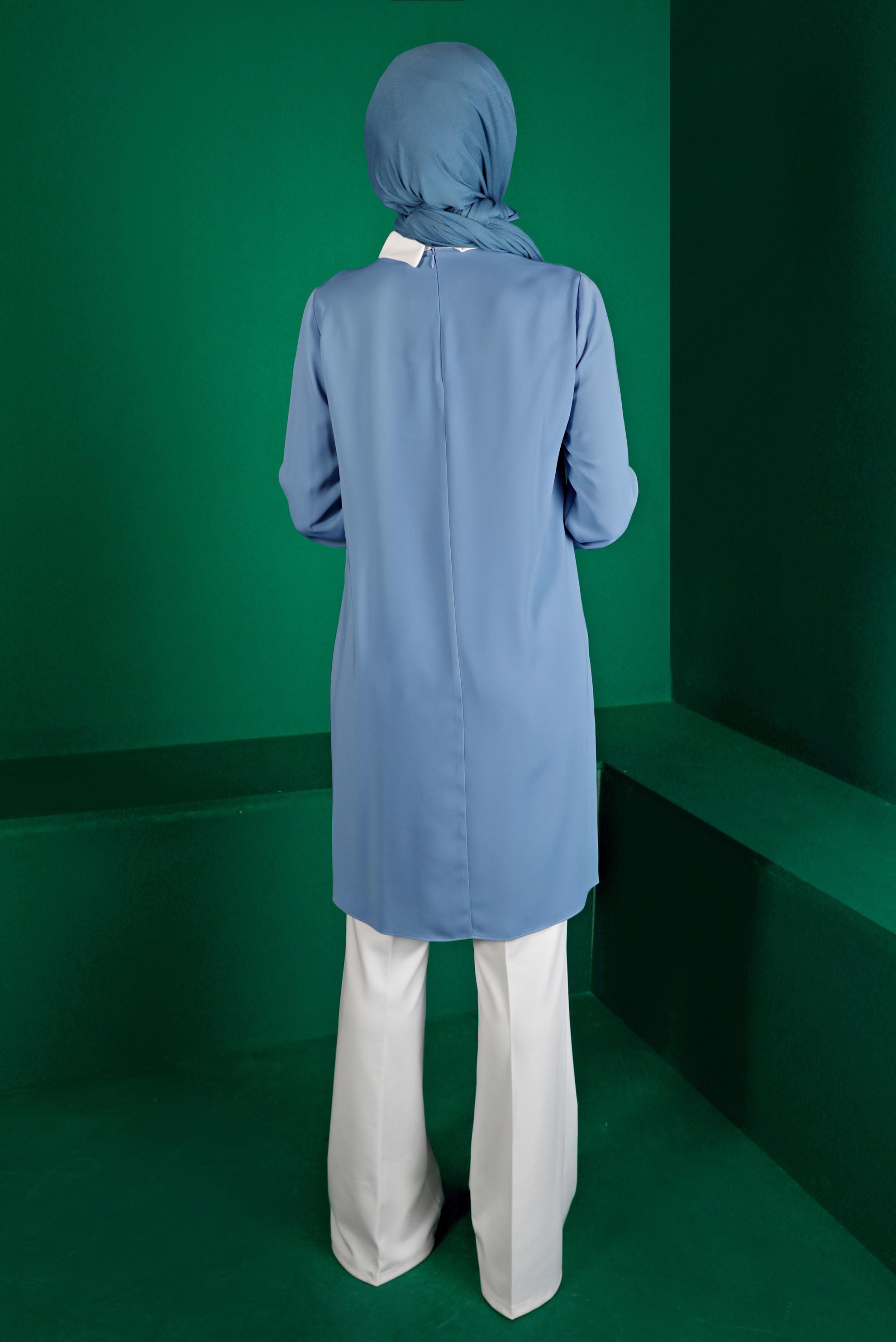 Tesettür giyim MAVİ PİLİSE DETAYLI DÜĞMELİ TUNİK 43284